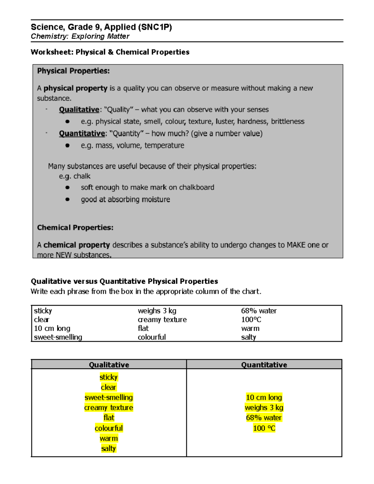 03A Worksheet - Physical & Chemical Properties (answers) - Science ...