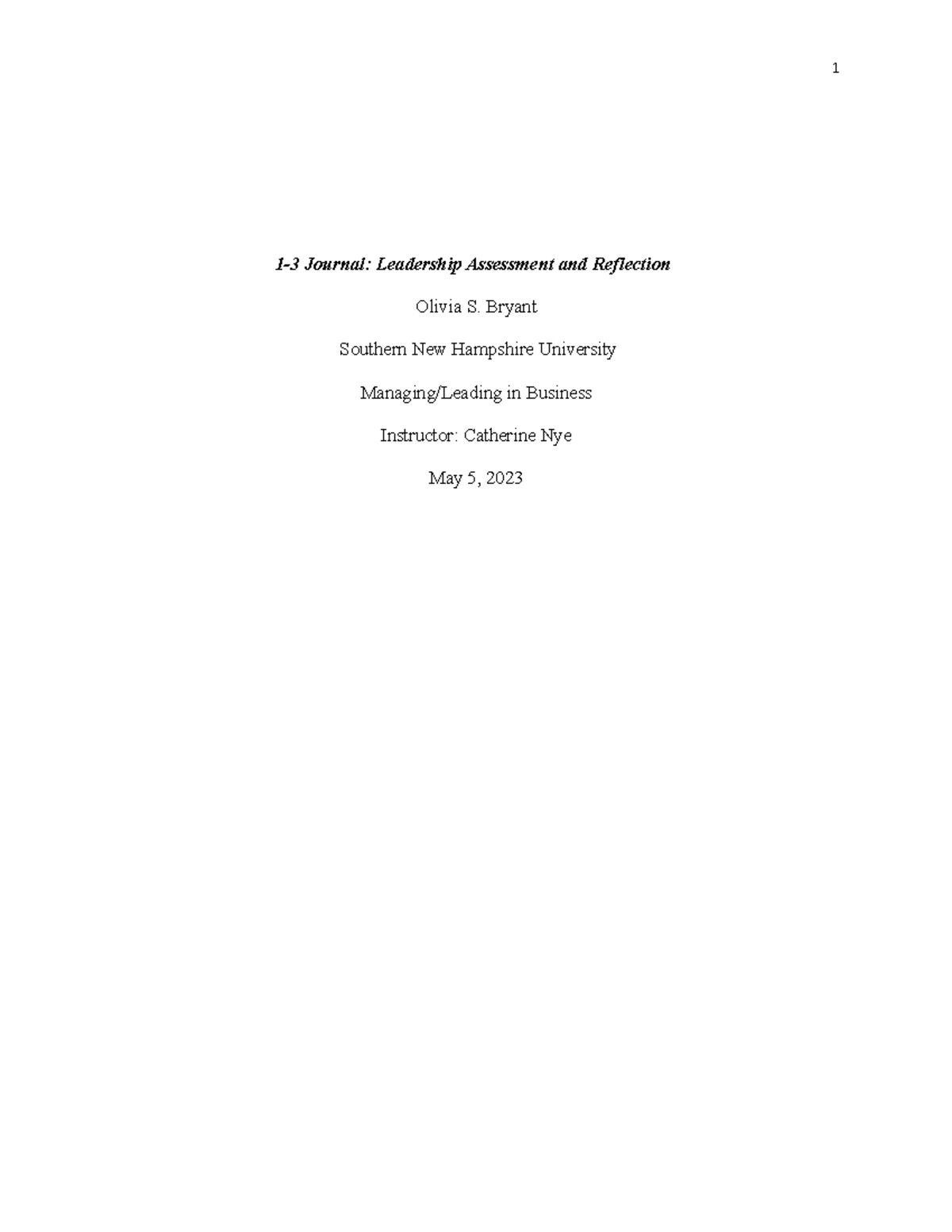 1-3 Journal Leadership Assessment and Reflection - Bryant Southern New ...