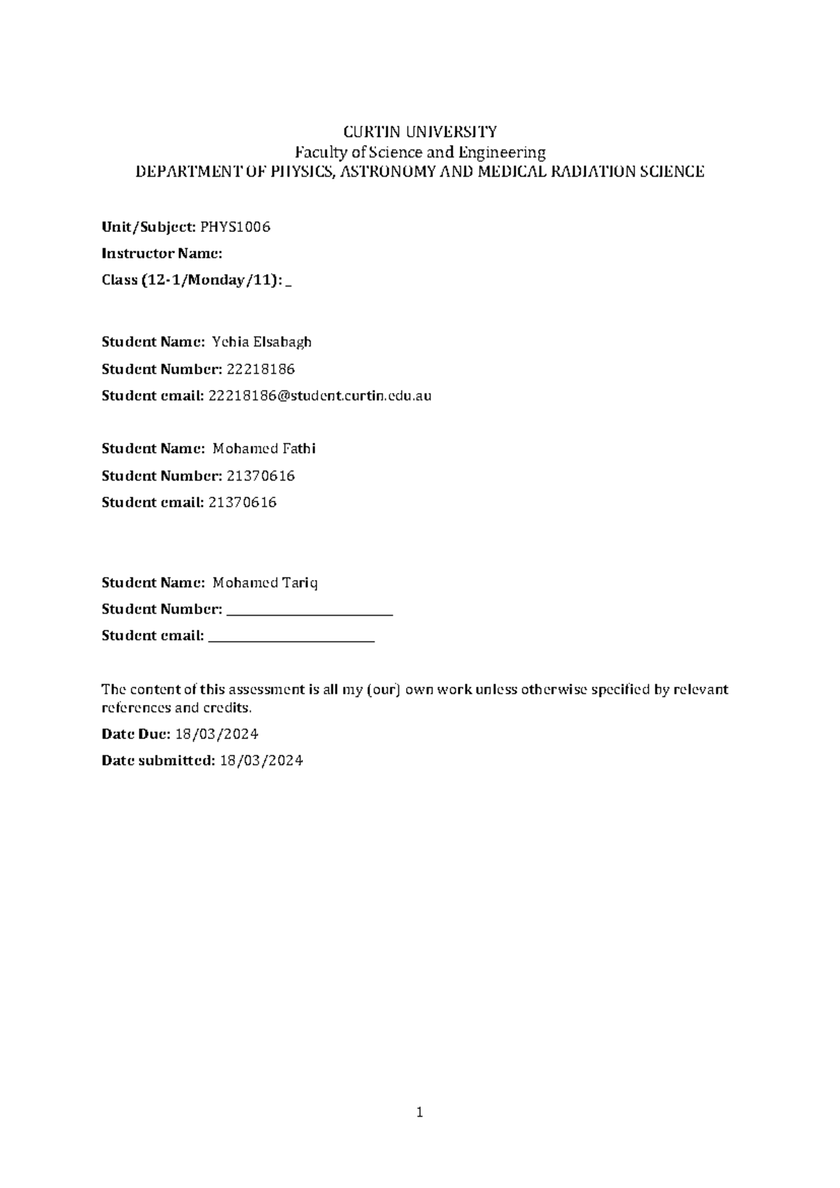 Lab template - CURTIN UNIVERSITY Faculty of Science and Engineering ...