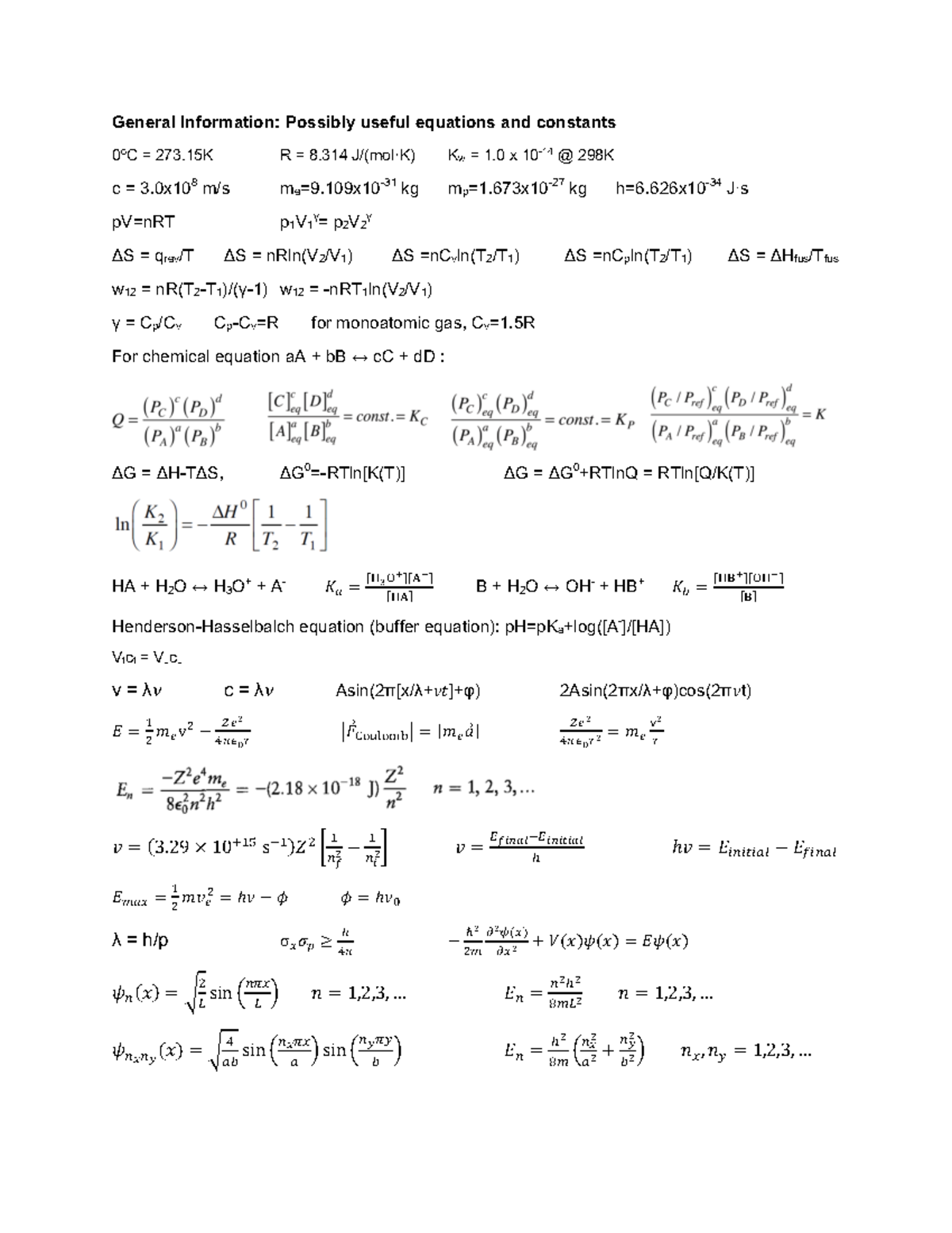 Final Exam Equation Sheet - General Information: Possibly useful ...