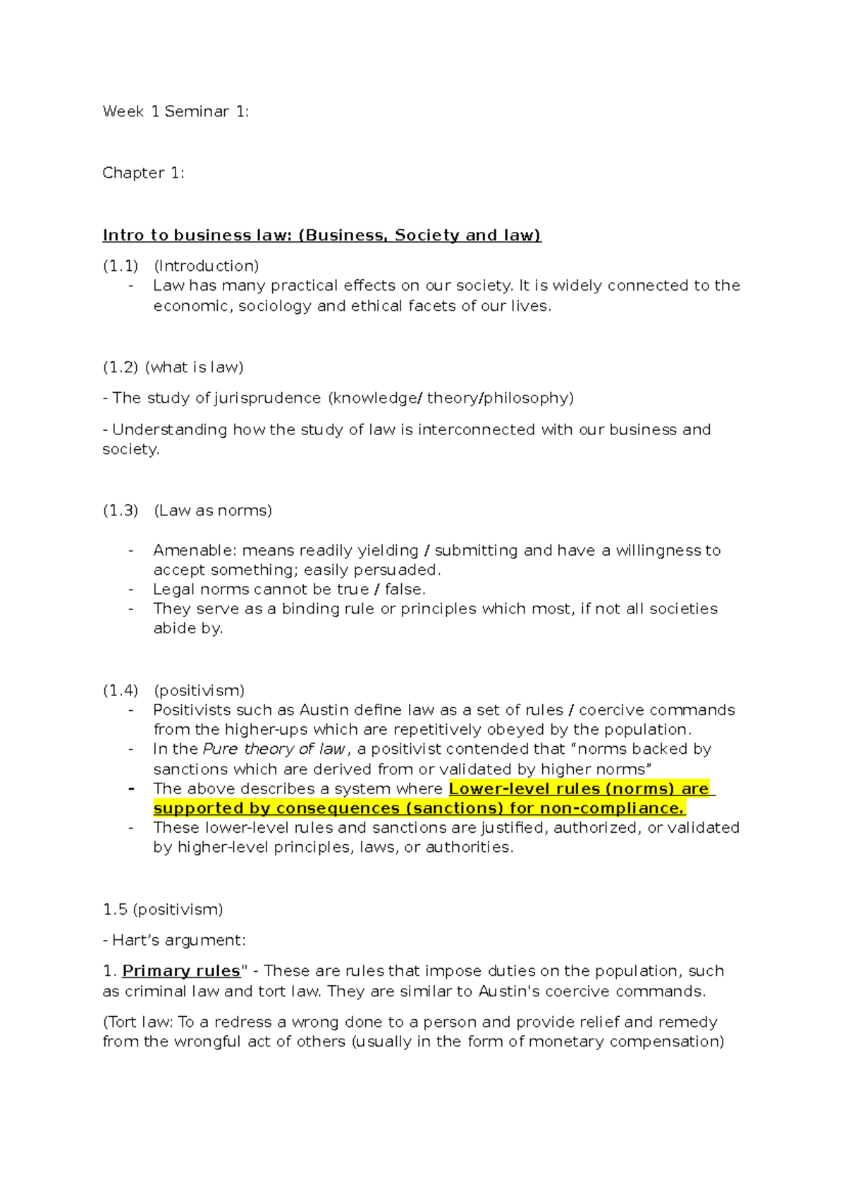 Business Law Notes Chap 1 Week 1 Seminar 1 Chapter 1 Intro To