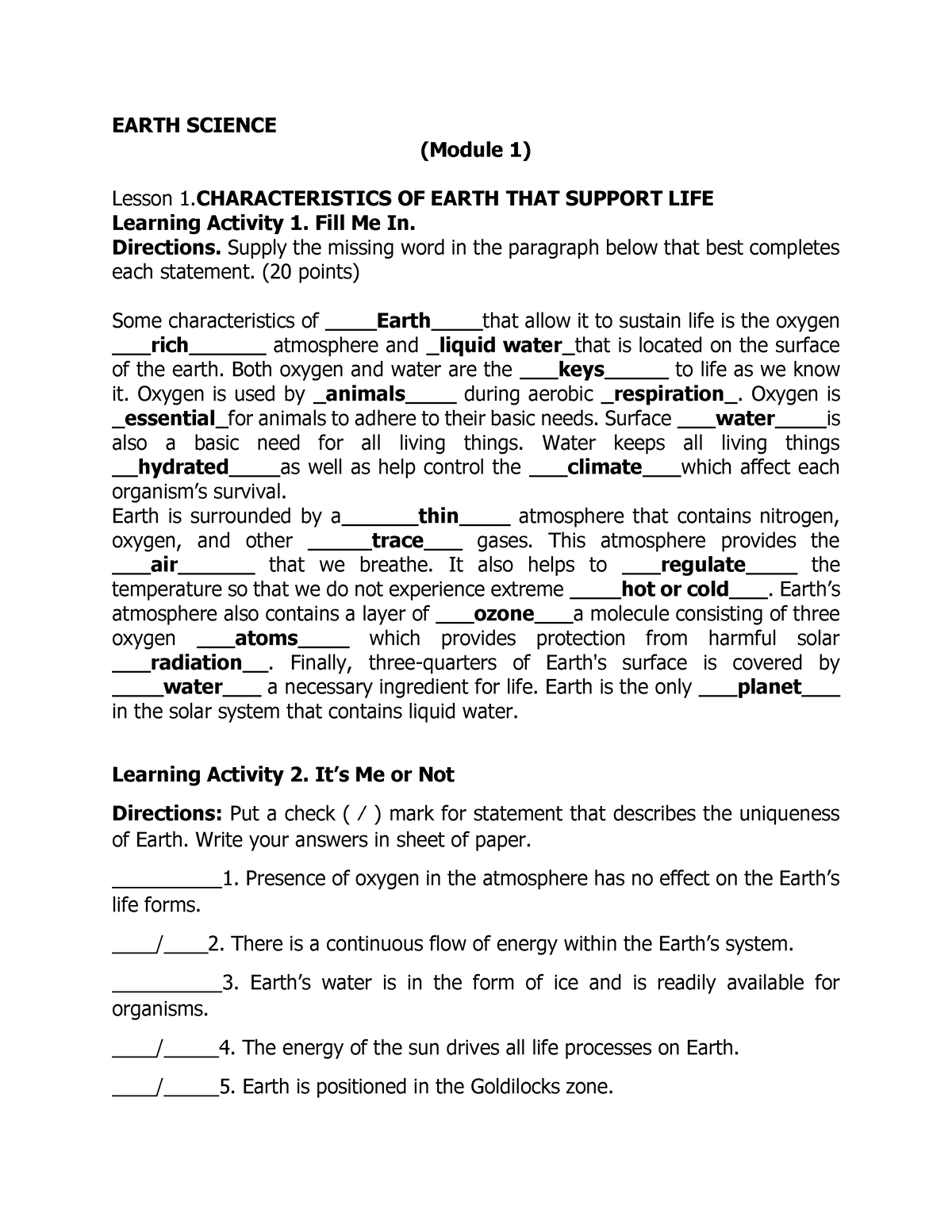 Earth Science - EARTH SCIENCE (Module 1) Lesson 1 OF EARTH THAT SUPPORT ...