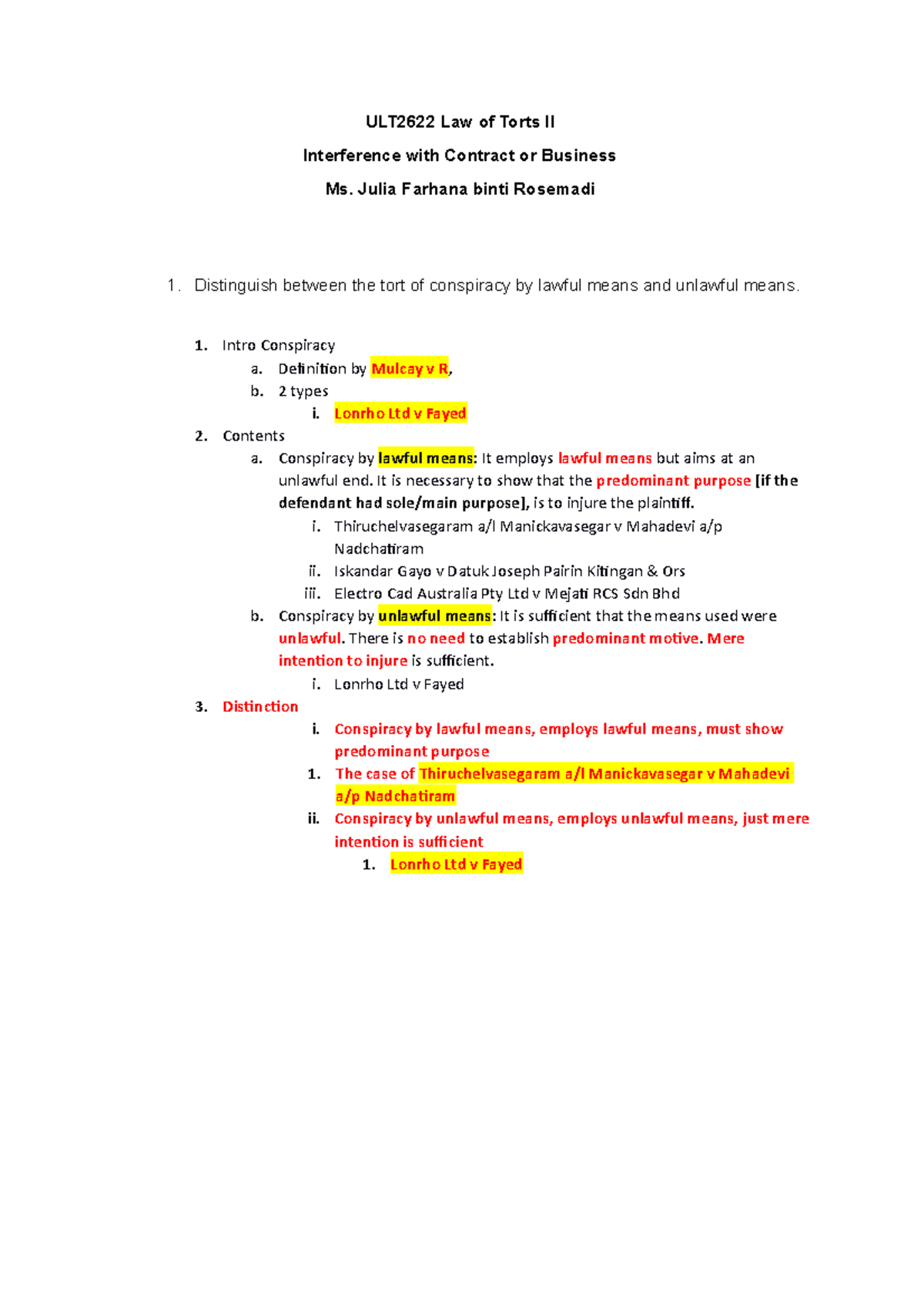 Tutorial 7 Torts - YEAH GOOD LUCKKKKK - ULT2622 Law of Torts II ...