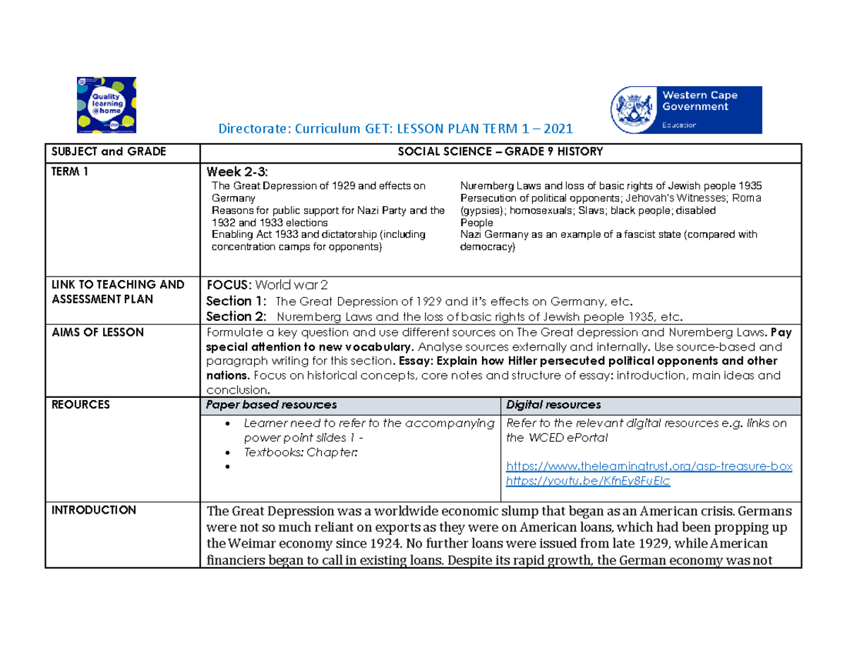 Lesson Plan SP Grade 9 SS History T1 W2 - Directorate: Curriculum GET ...