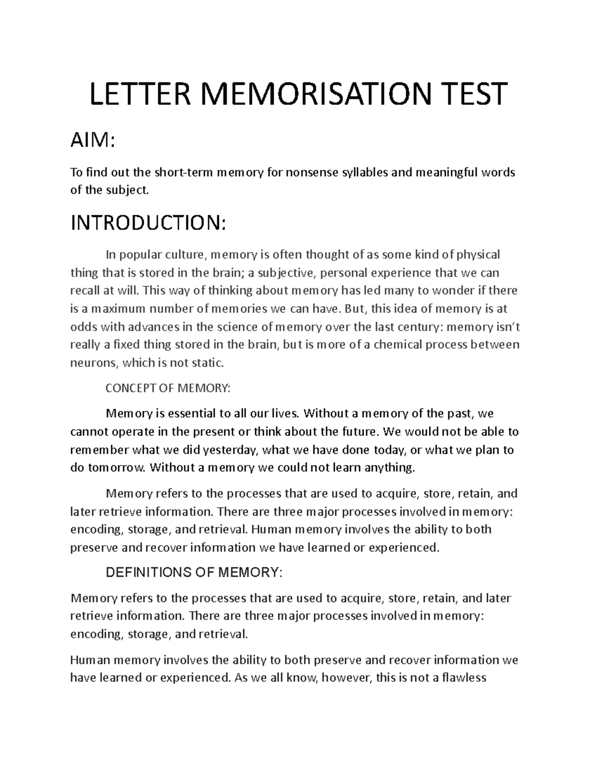 Memorizing rows of letters Test