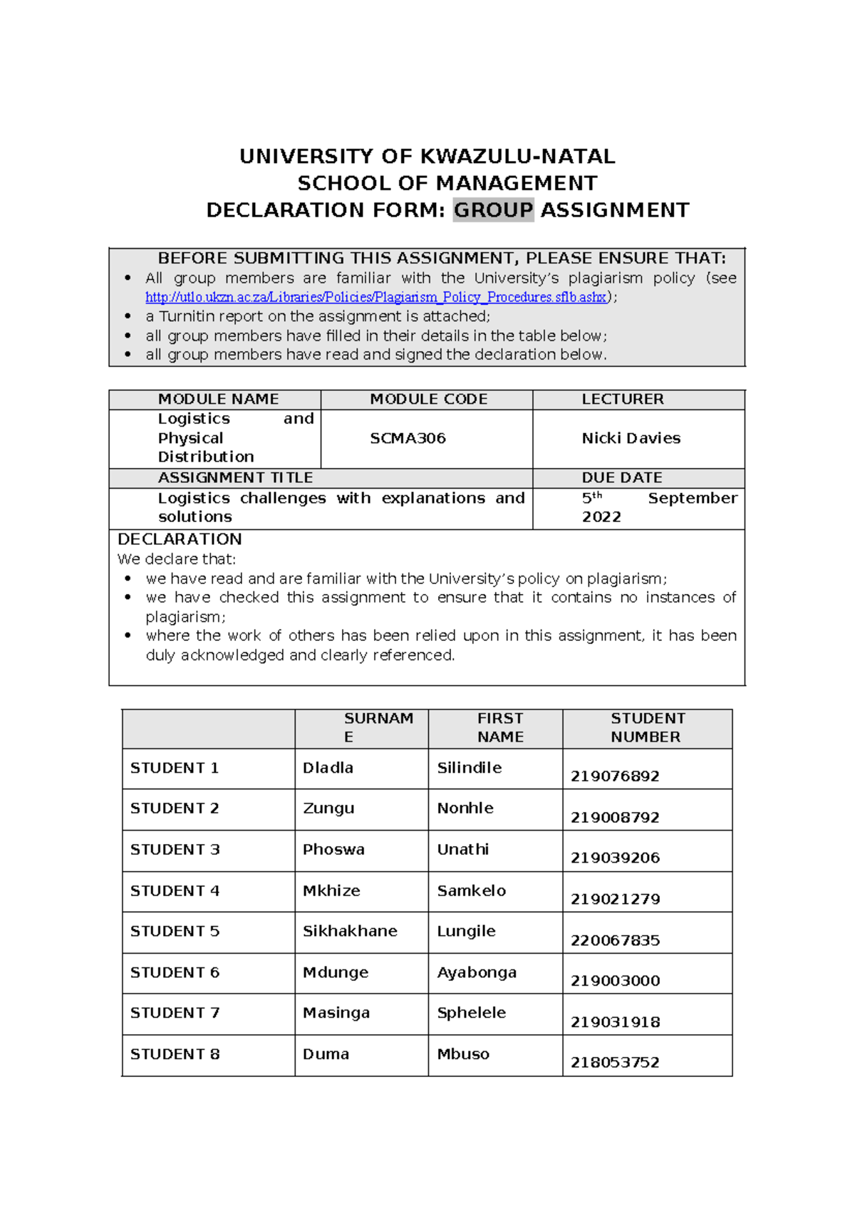 SCMA 306group assignment - UNIVERSITY OF KWAZULU-NATAL SCHOOL OF ...