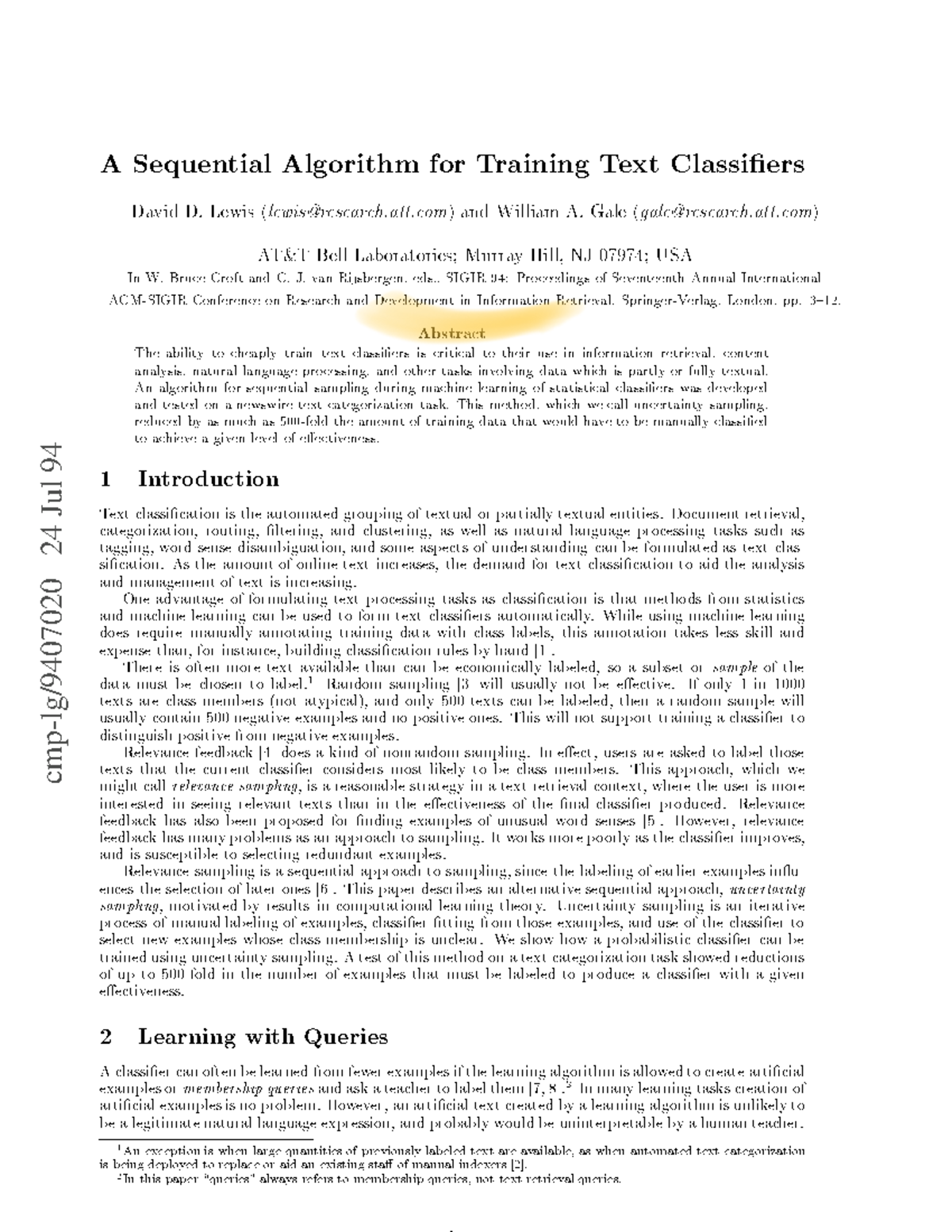 01 ASequential Algorithm For Training Text Classifiers - cmp-lg/ 24 Jul ...