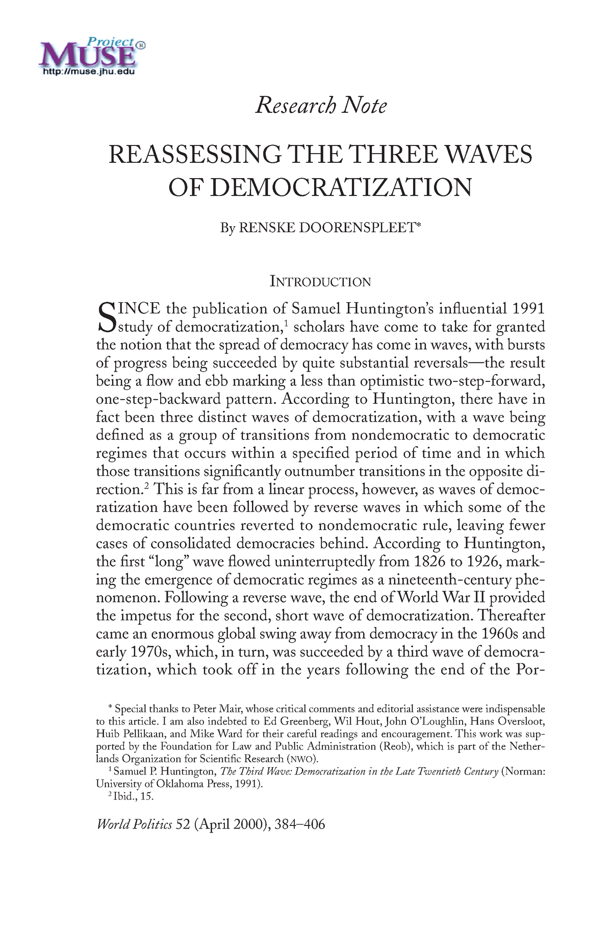 THE Three Waves OF Democratization - World Politics 52 (April 2000 ...