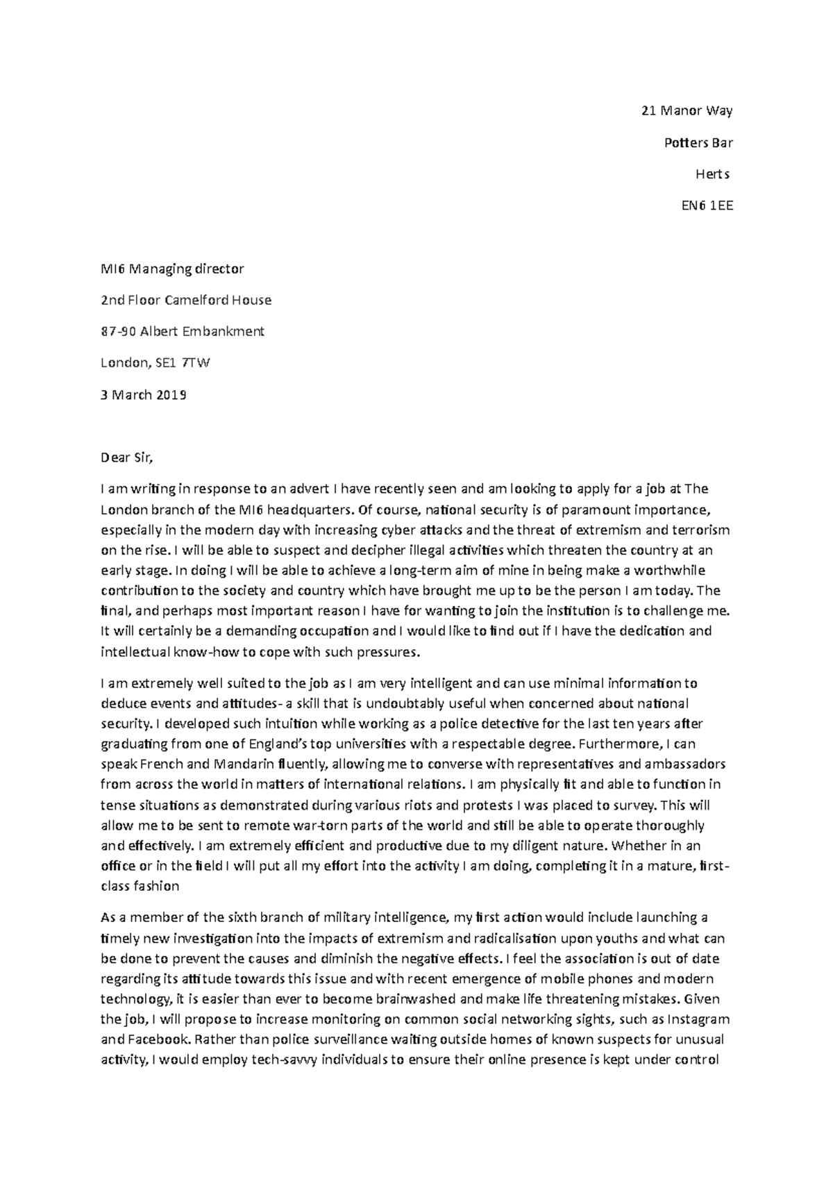 English Article Letter - 21 Manor Way Potters Bar Herts EN6 1EE MI6 ...