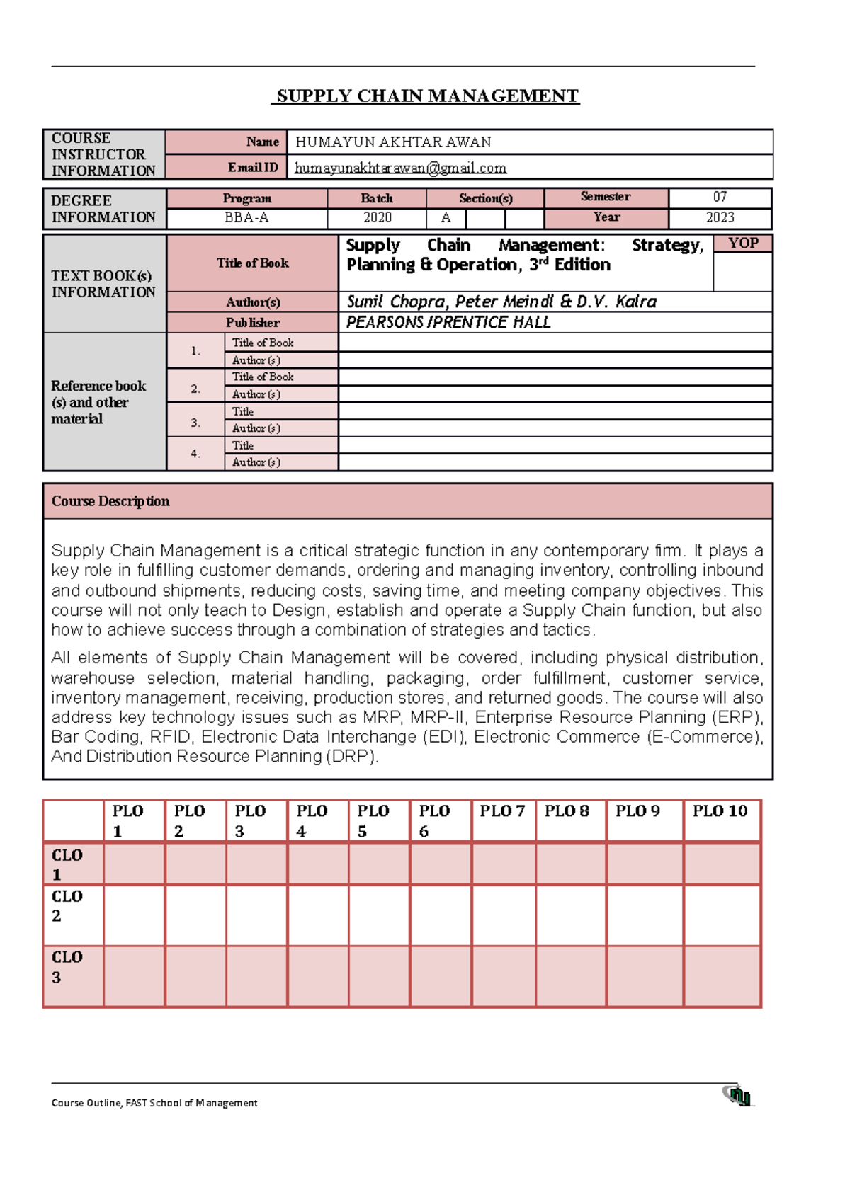 SCM Outline FAST NU 2023 FALL - SUPPLY CHAIN MANAGEMENT COURSE ...