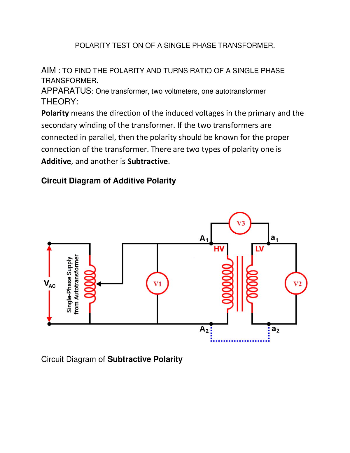 Polarity TEST ON OF A Single Phase Transformer POLARITY TEST ON OF A