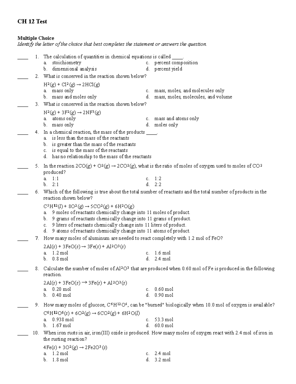 CH 12 Test - ch 12 test - CH 12 Test Multiple Choice Identify the ...