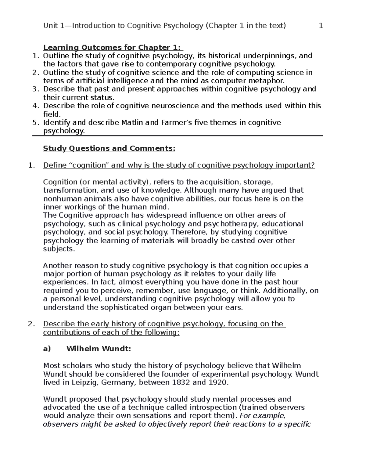 PSYC355 Unit 1 Intro to Cog Psych Notes - Learning Outcomes for Chapter ...