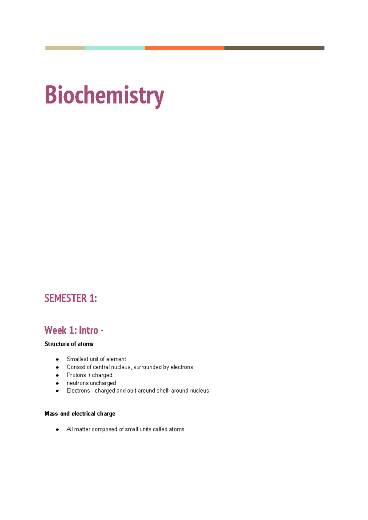 Biochemistry - Lecture Notes 1-12 - Biochemistry SEMESTER 1: Week 1 ...