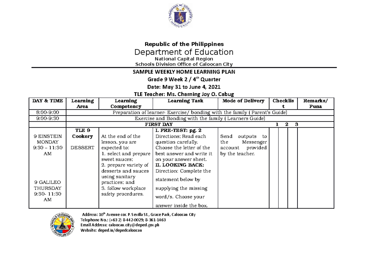 TLE WHLP 4W2 - Republic of the Philippines Department of Education ...