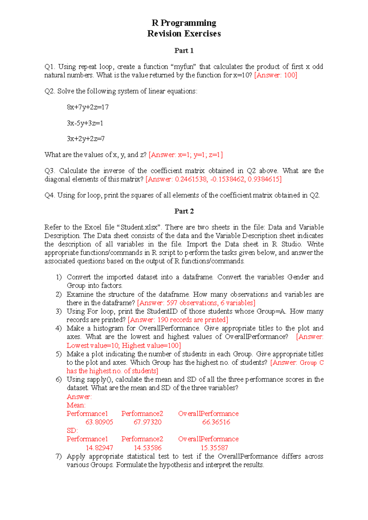 Revision Questions 1 - Answers - R Programming Revision Exercises Part ...