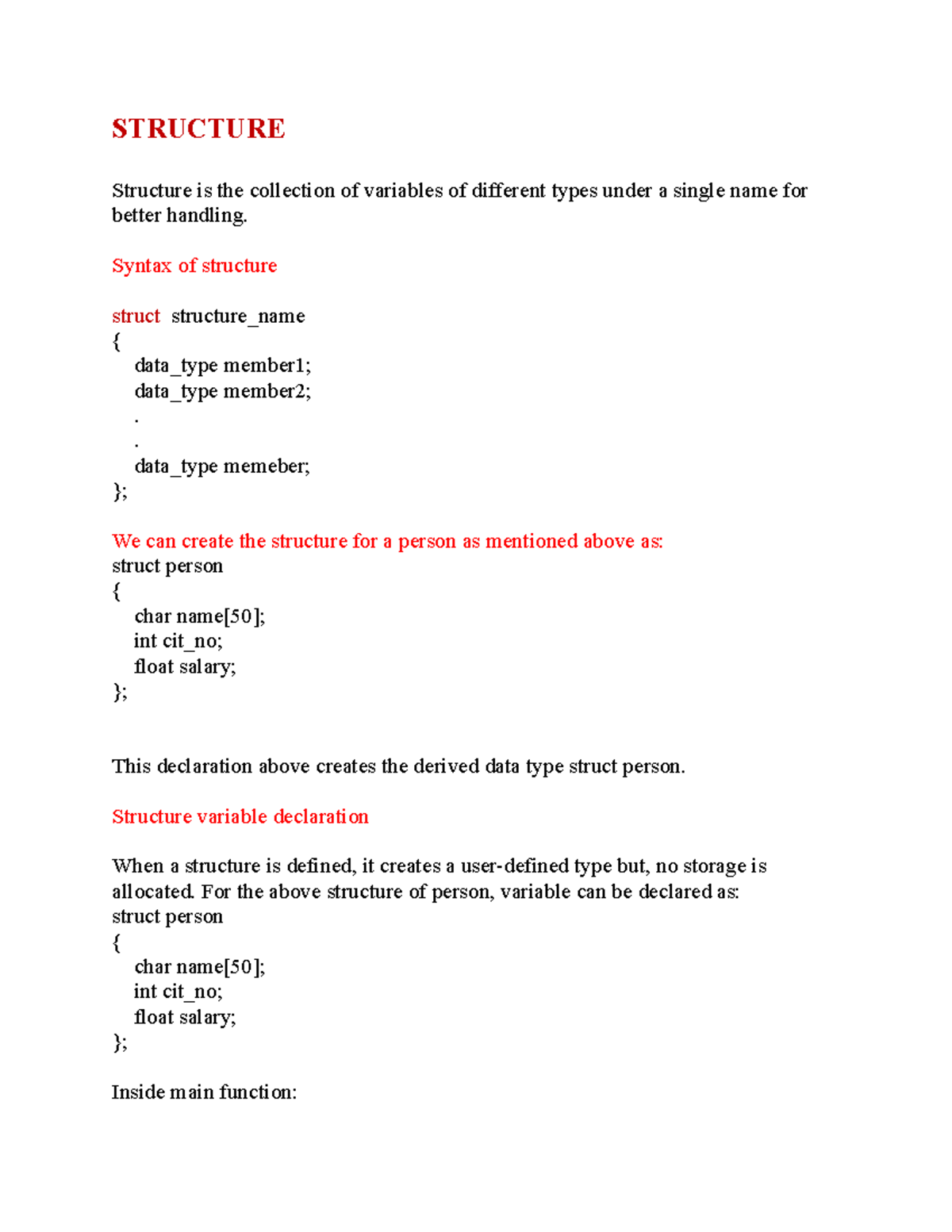 Structure - NOTES - STRUCTURE Structure is the collection of variables ...