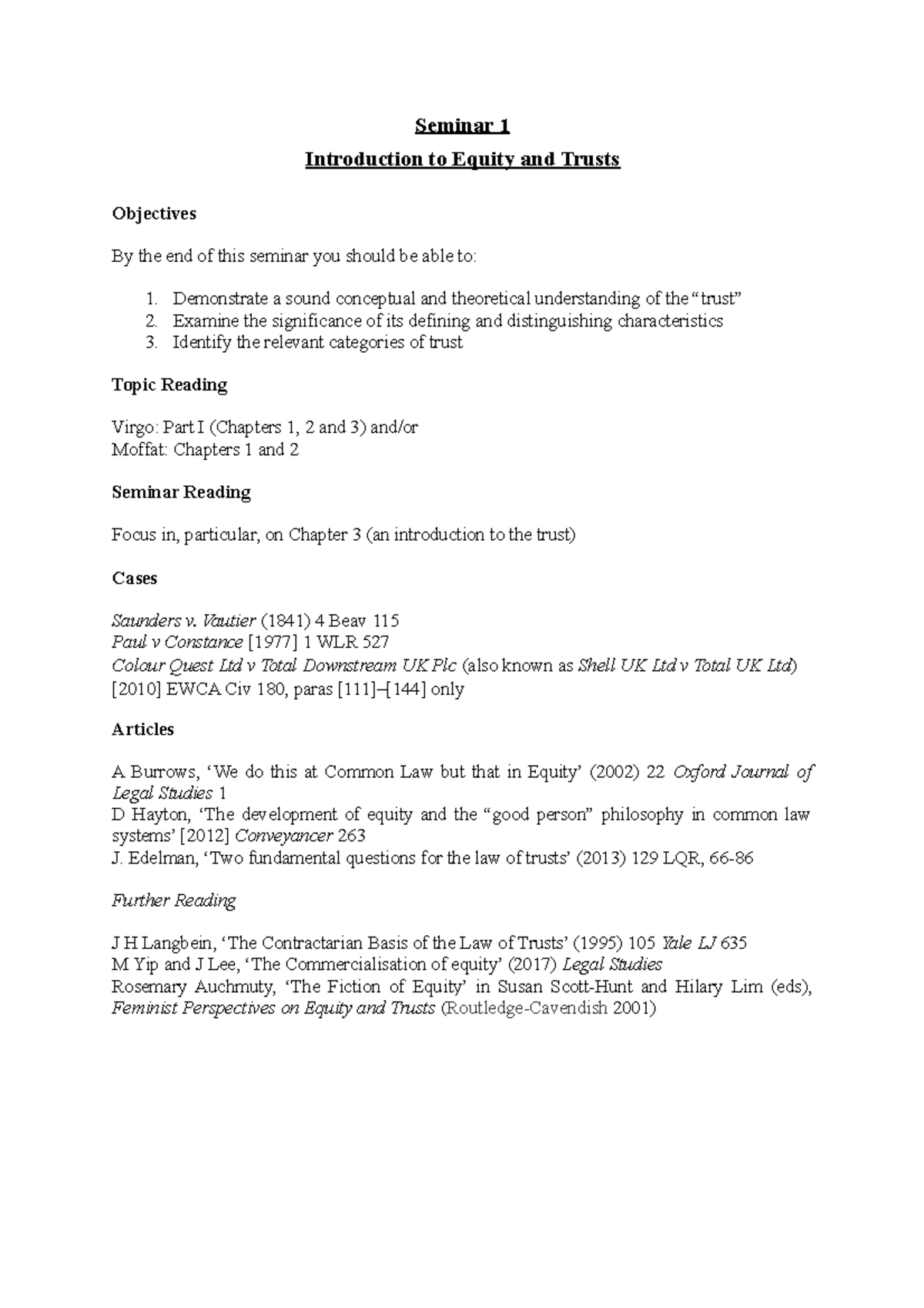 Seminar 1 - Introduction to Equity and Trusts-1 - Seminar 1 ...