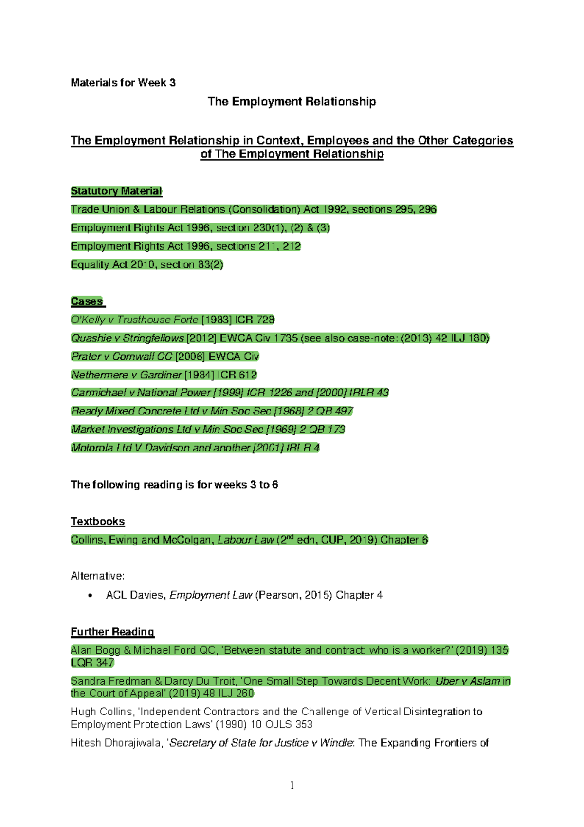 Reading list - 1 Materials for Week 3 The Employment Relationship The ...