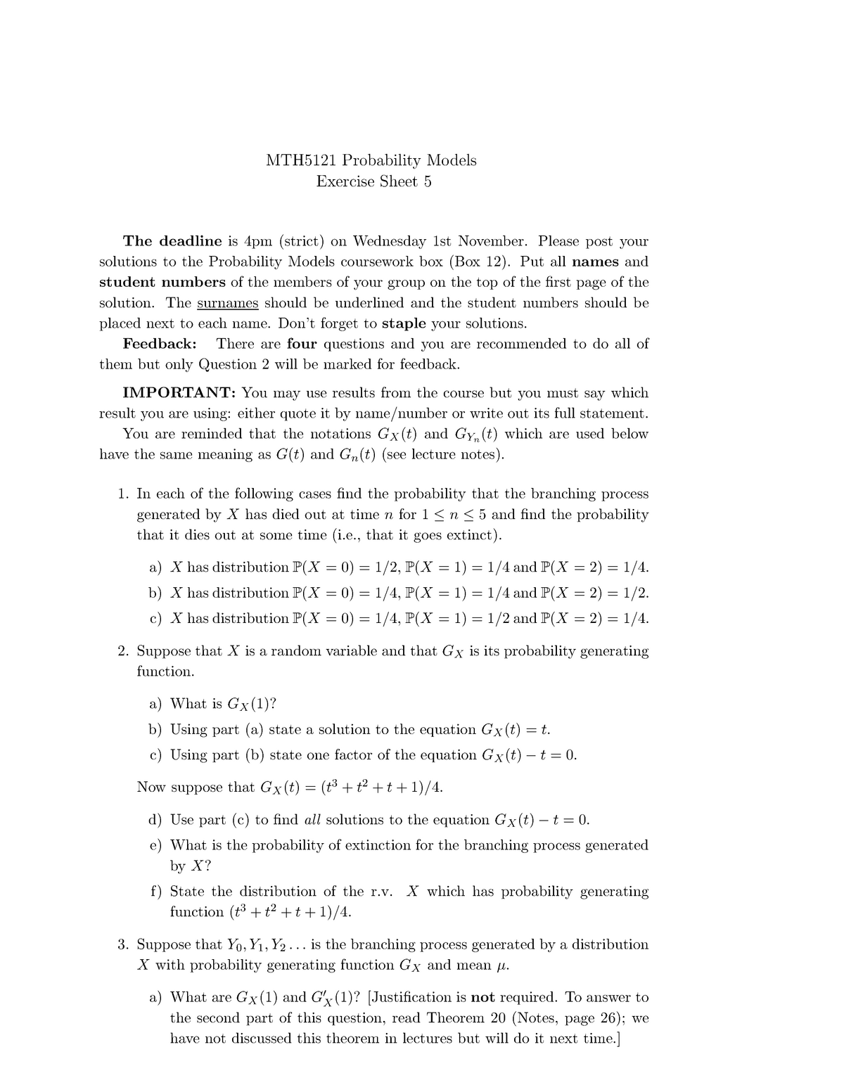 Mth5121 17 18 Exercise Sheet 5 Probability Models Studocu