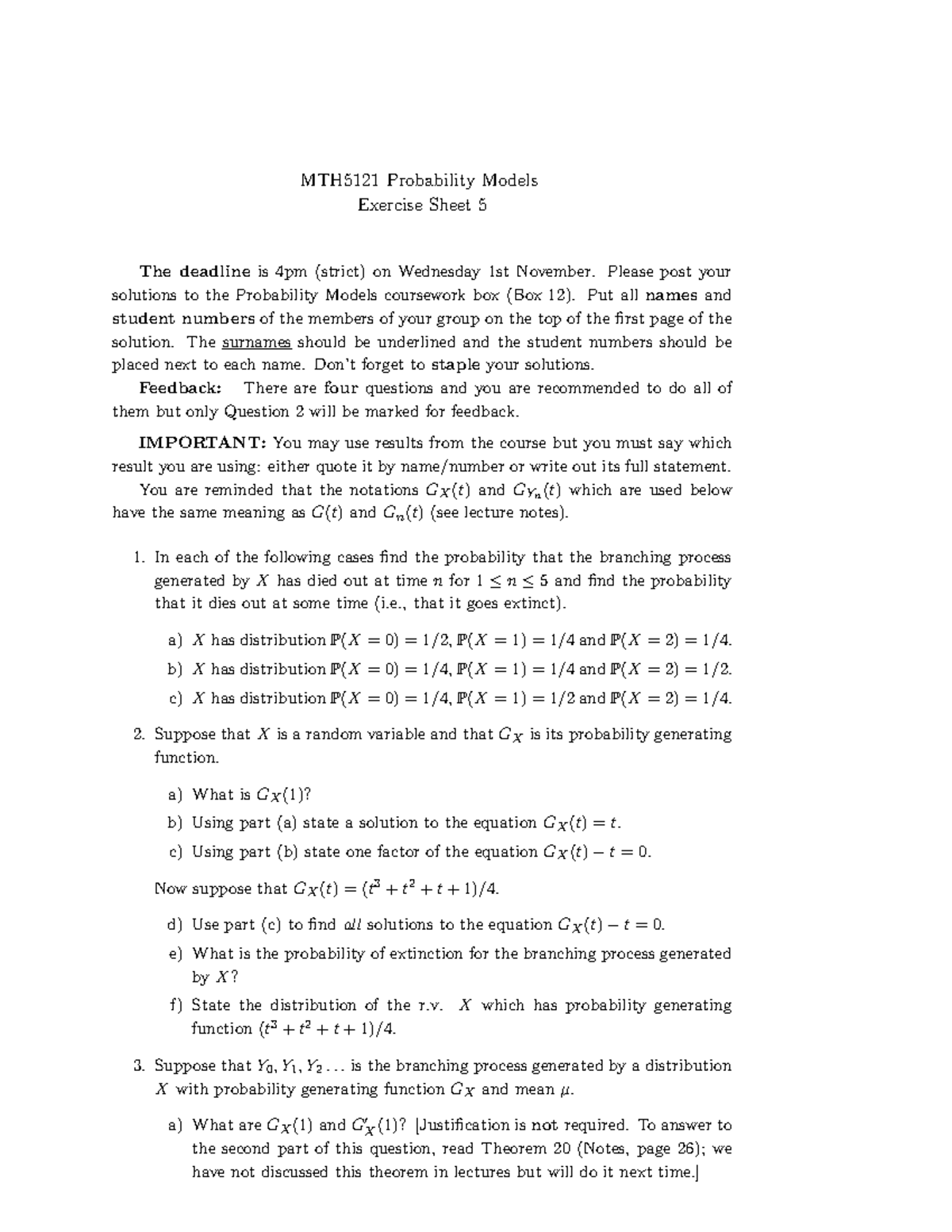 Mth5121 17 18 Exercise Sheet 5 Probability Models Studocu