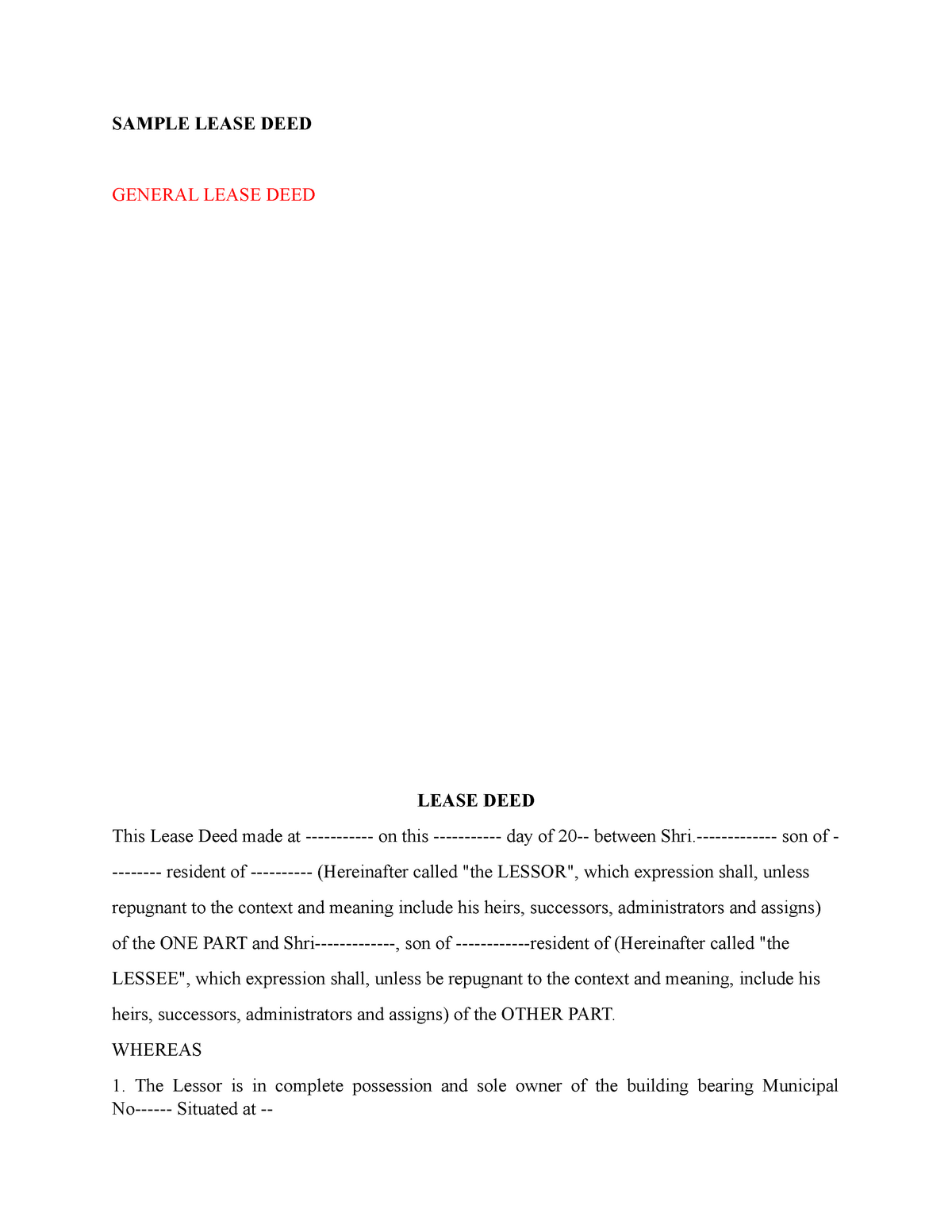 Lease agreement SAMPLE LEASE DEED GENERAL LEASE DEED LEASE DEED This