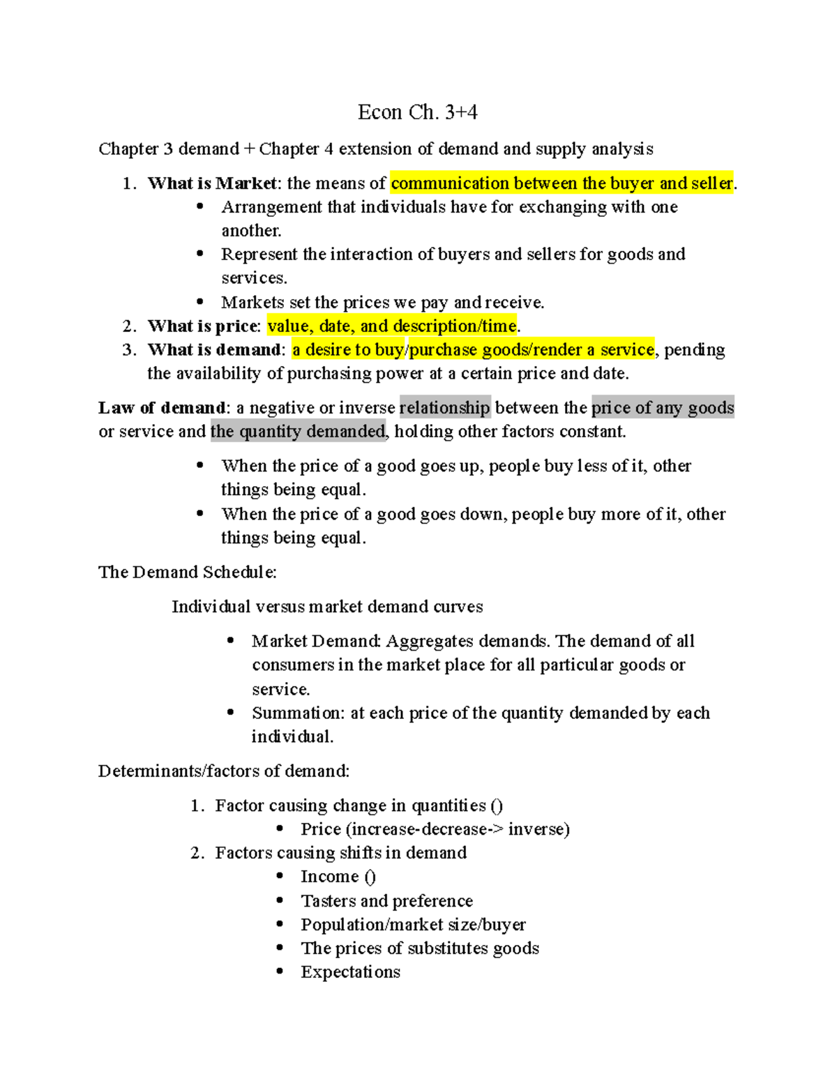 Econ Ch. 3+4 - Notes - Econ Ch. 3+ Chapter 3 demand + Chapter 4 ...