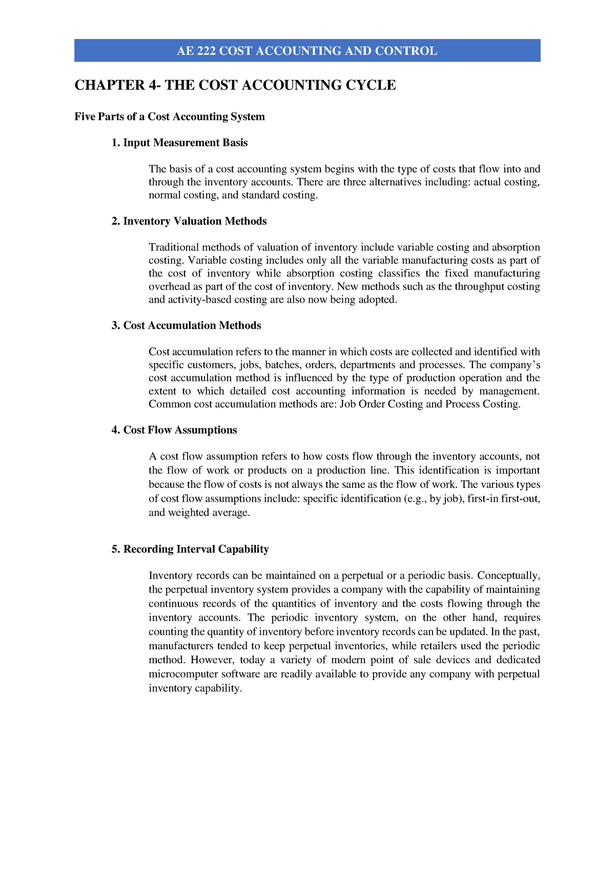 Cost-Accounting-Cycle - CHAPTER 4- THE COST ACCOUNTING CYCLE Five Parts ...