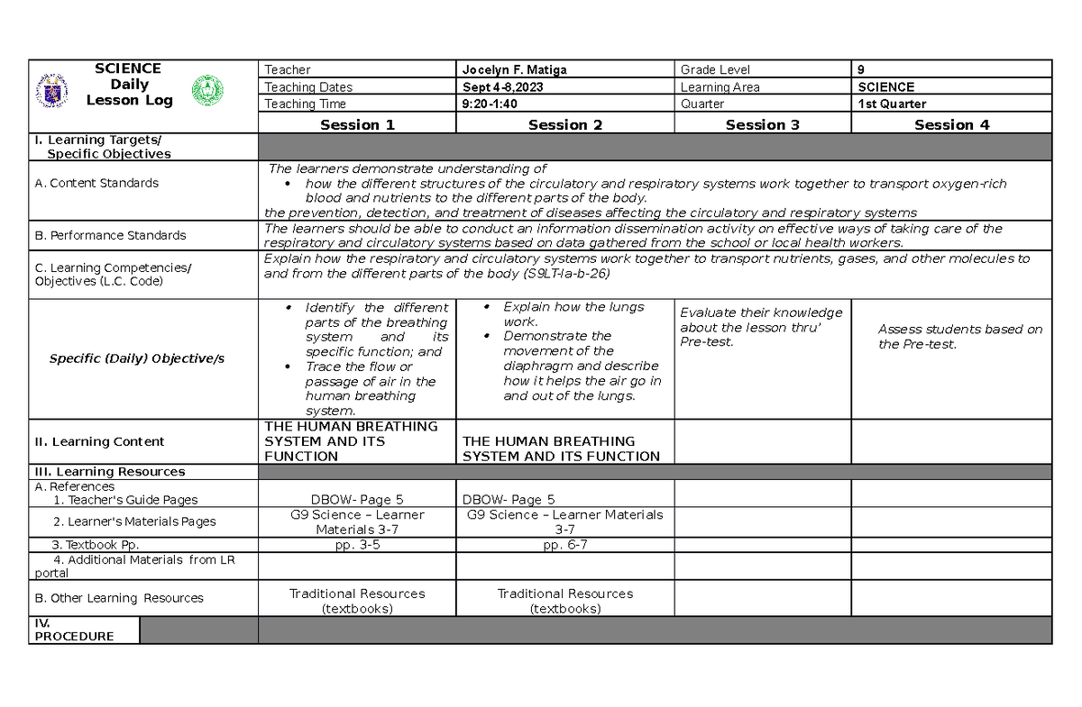dll_grade9_science SCIENCE Daily Lesson Log Teacher Jocelyn F. Matiga