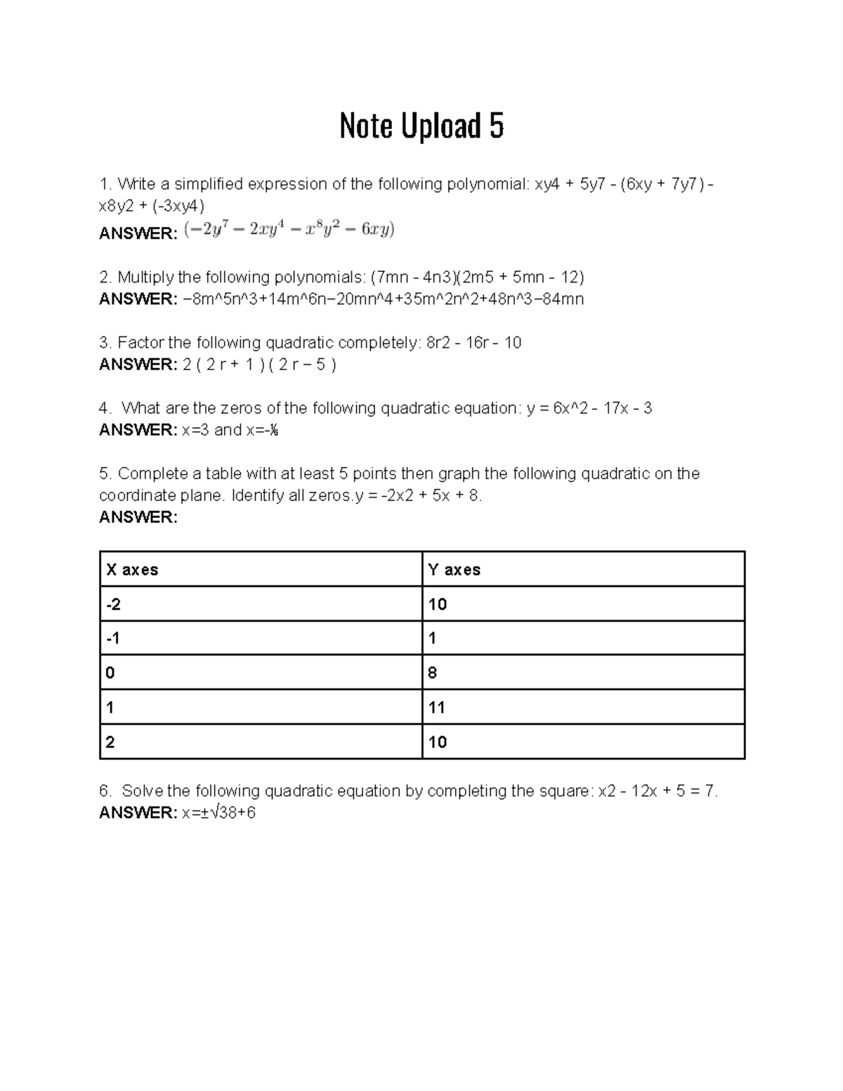 Polynomial Student Worksheet Upload - Note Upload 5 Write a simplified ...