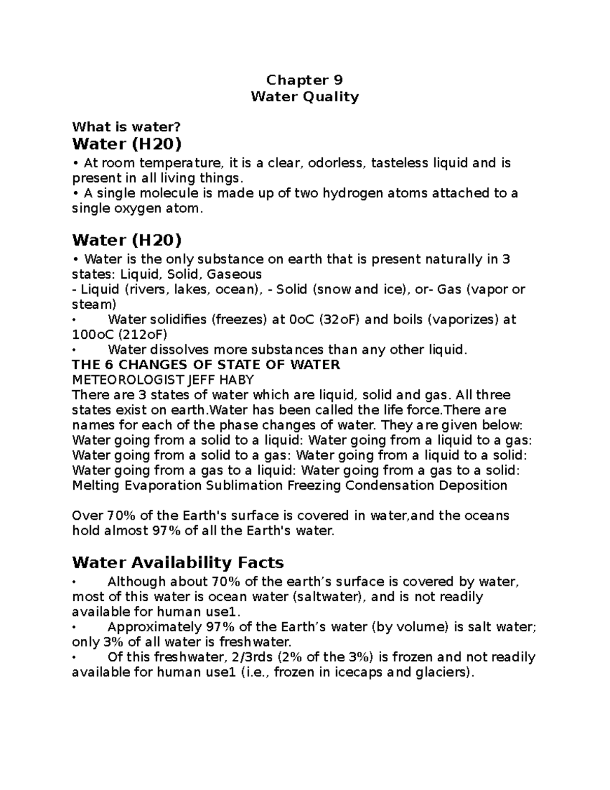 Week 10 Lecture 14 Notes - Chapter 9 Water Quality What is water? Water ...