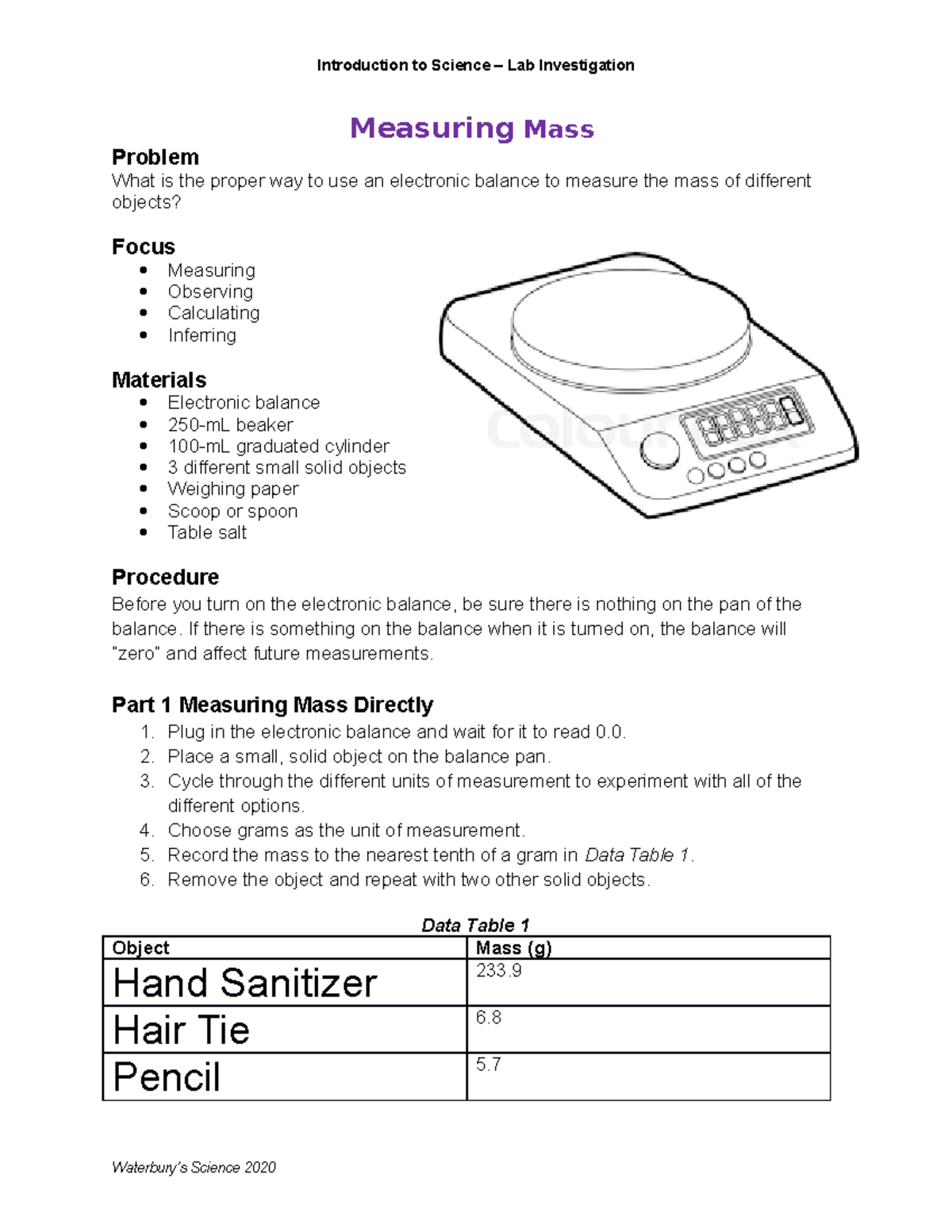 Measuring Mass Lab Investigation Introduction to Science Lab