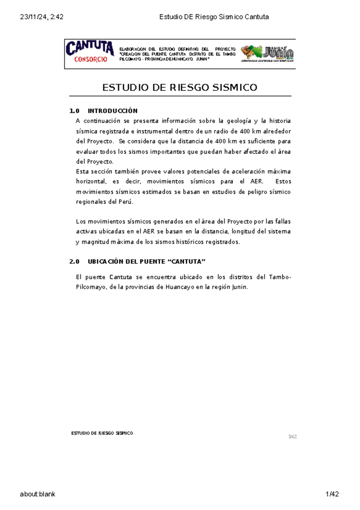 Estudio DE Riesgo Sismico Cantuta - ELABORACION DEL ESTUDIO DEFINITIVO ...