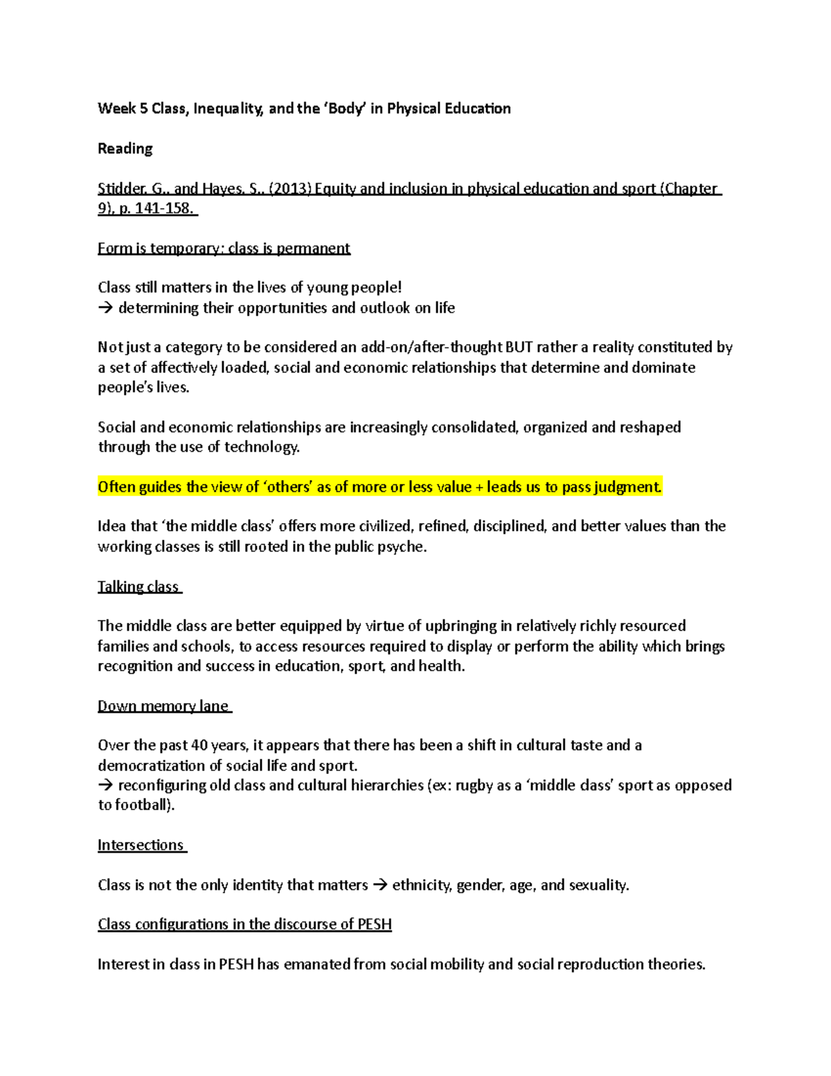 Inclusive 5 - Lecture notes 5 - Week 5 Class, Inequality, and the ‘Body ...