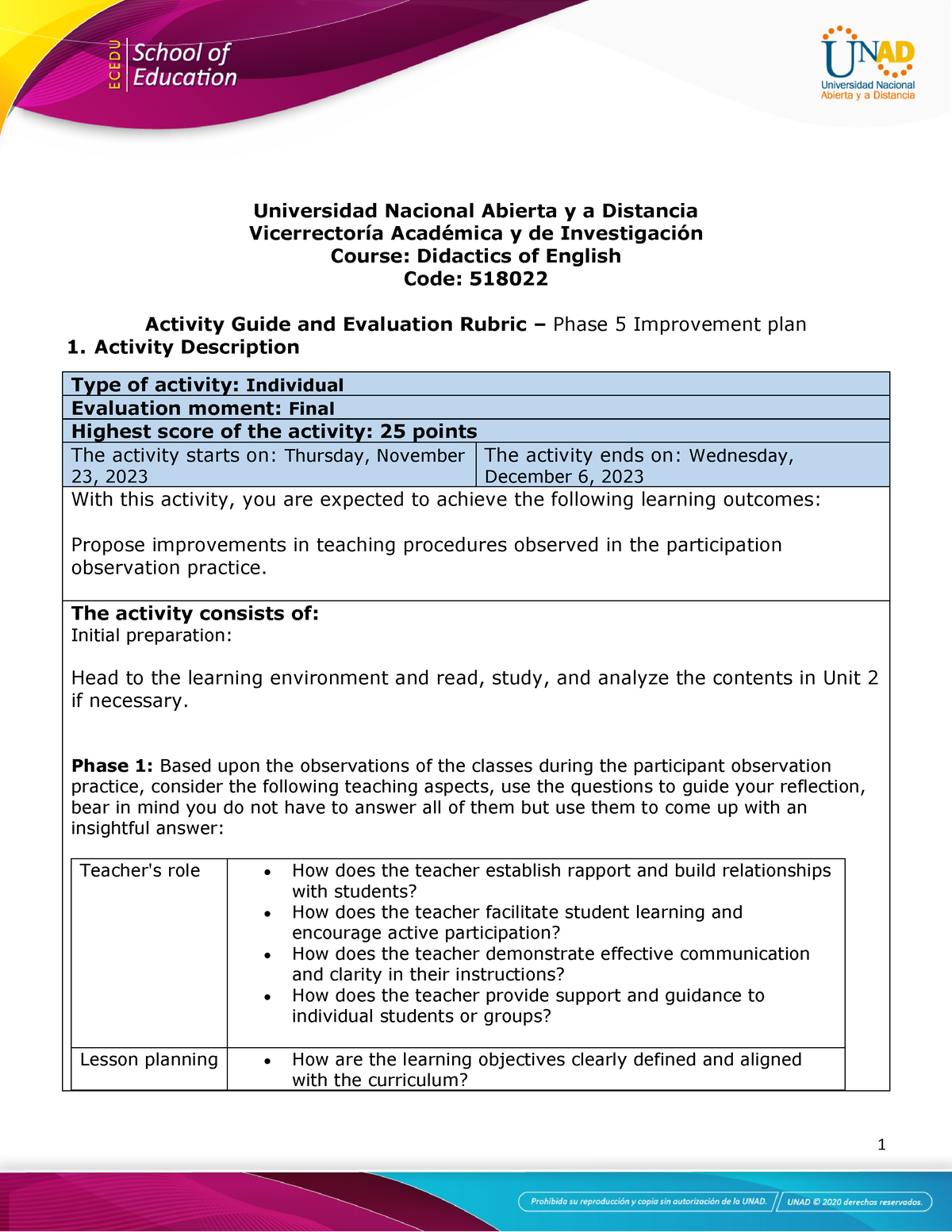 Activity Guide and Evaluation Rubric - Phase 5 - Improvement plan ...