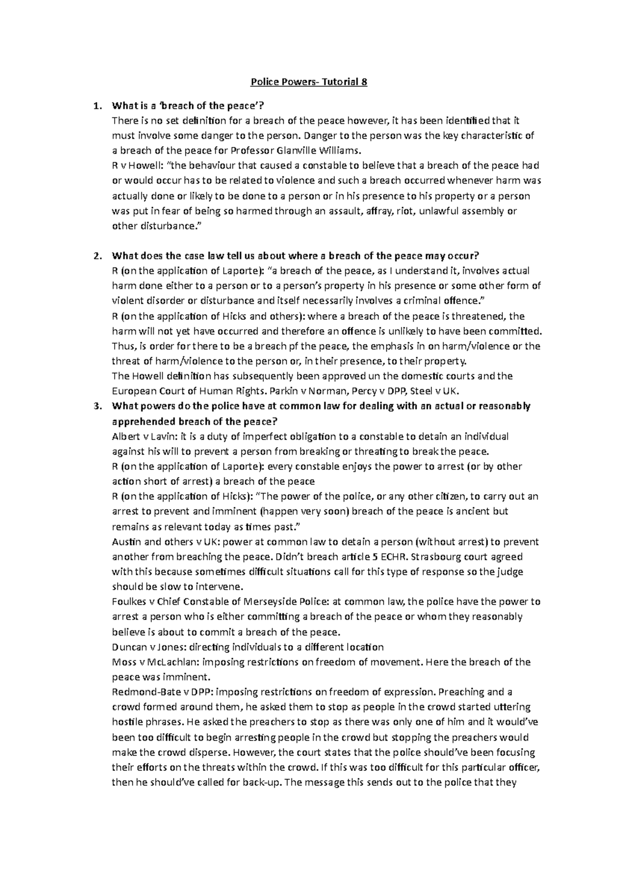 Police Powers Seminar 8 - Police Powers- Tutorial 8 1. What is a