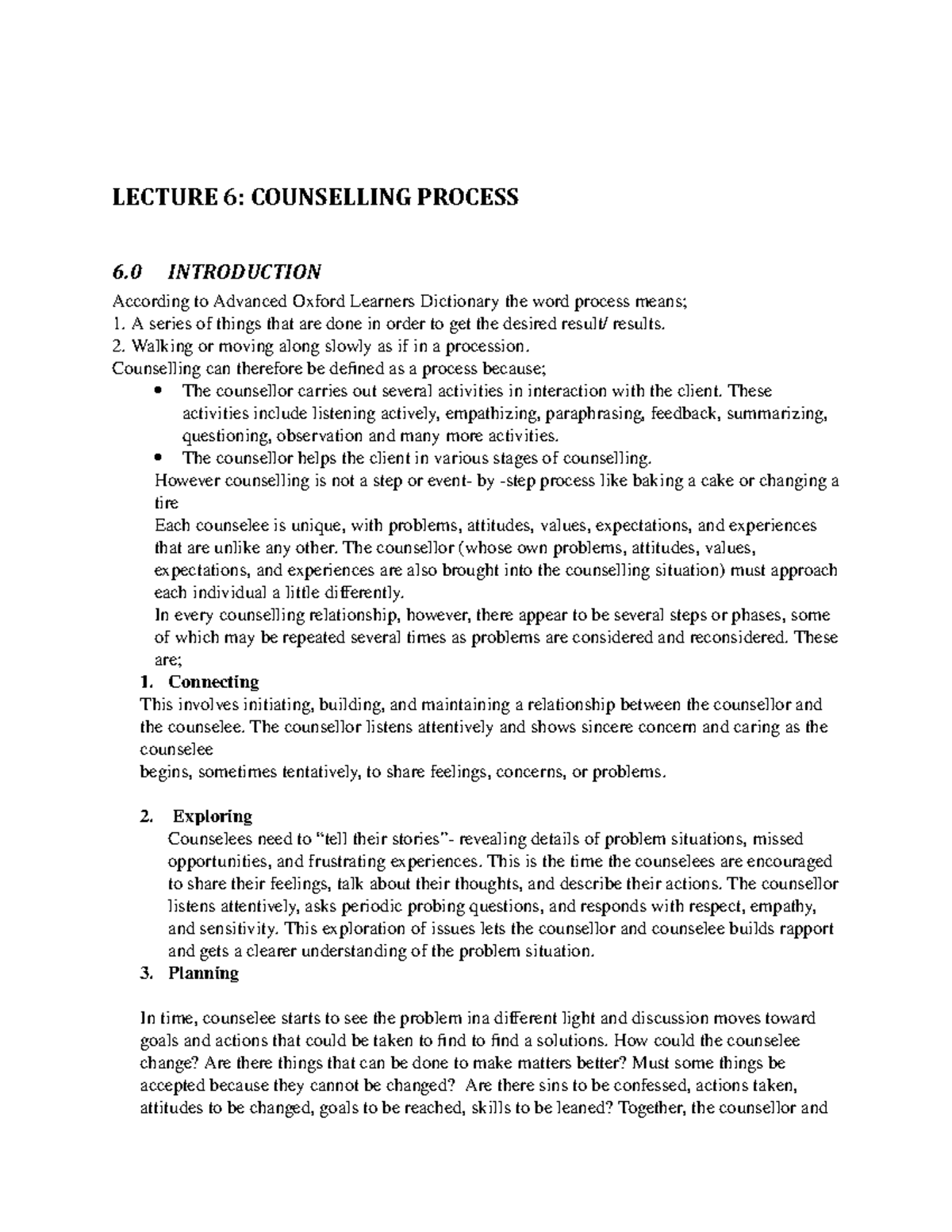 Topic 6 - Counselling process - LECTURE 6: COUNSELLING PROCESS 6 ...