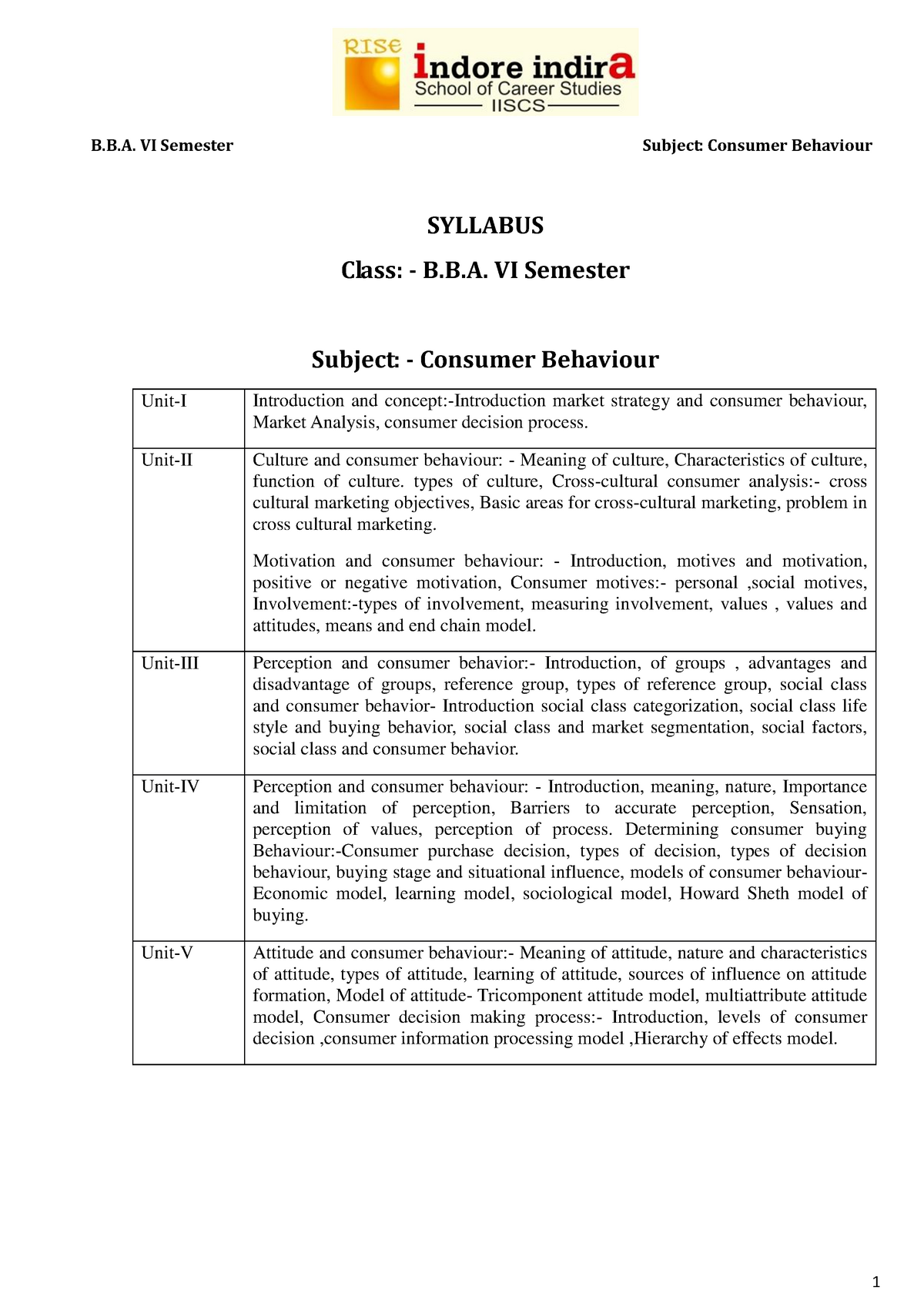 Consumer Behaviour 1 - Notes - SYLLABUS Class: - B.B. VI Semester ...