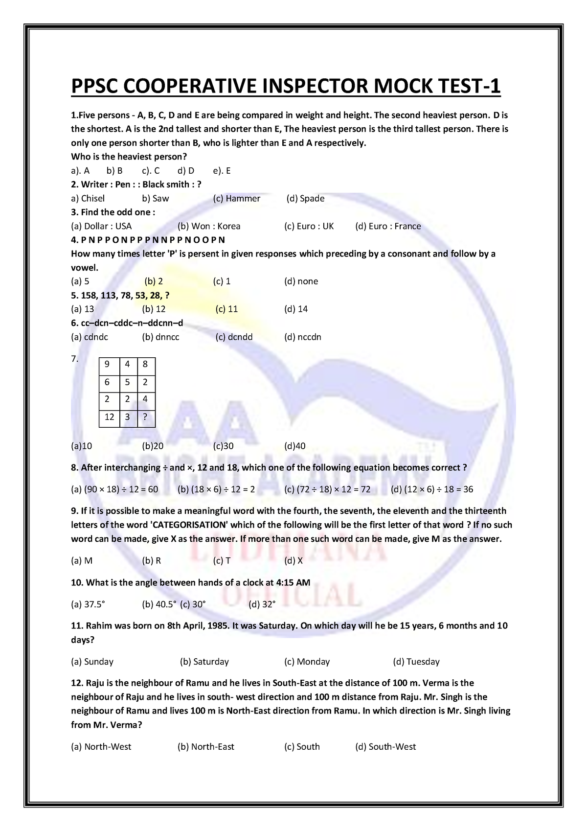 PPSC Final CSAT-1 Pdf - PPSC COOPERATIVE INSPECTOR MOCK TEST- 1 Persons ...