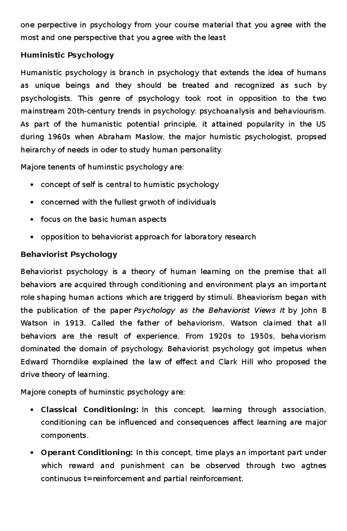 Huministic Psychology - one perpective in psychology from your course ...