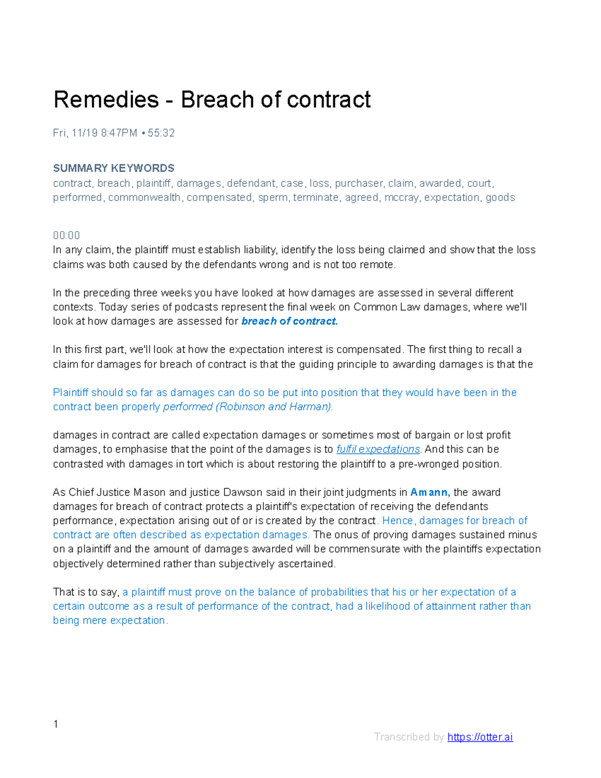 Week 5 Breach Of Contractt - Remedies - Breach Of Contract Fri, 11/19 8 ...