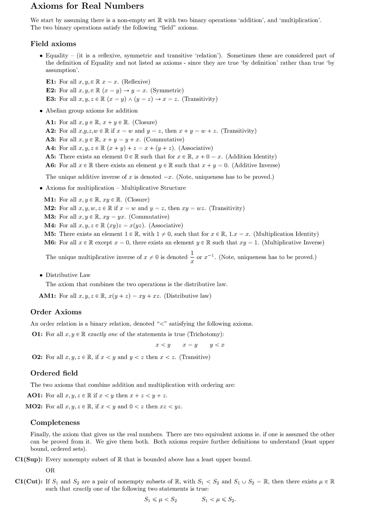 Tutorial Work - 3 - Axioms For Real Numbers We Start Assuming There Is ...