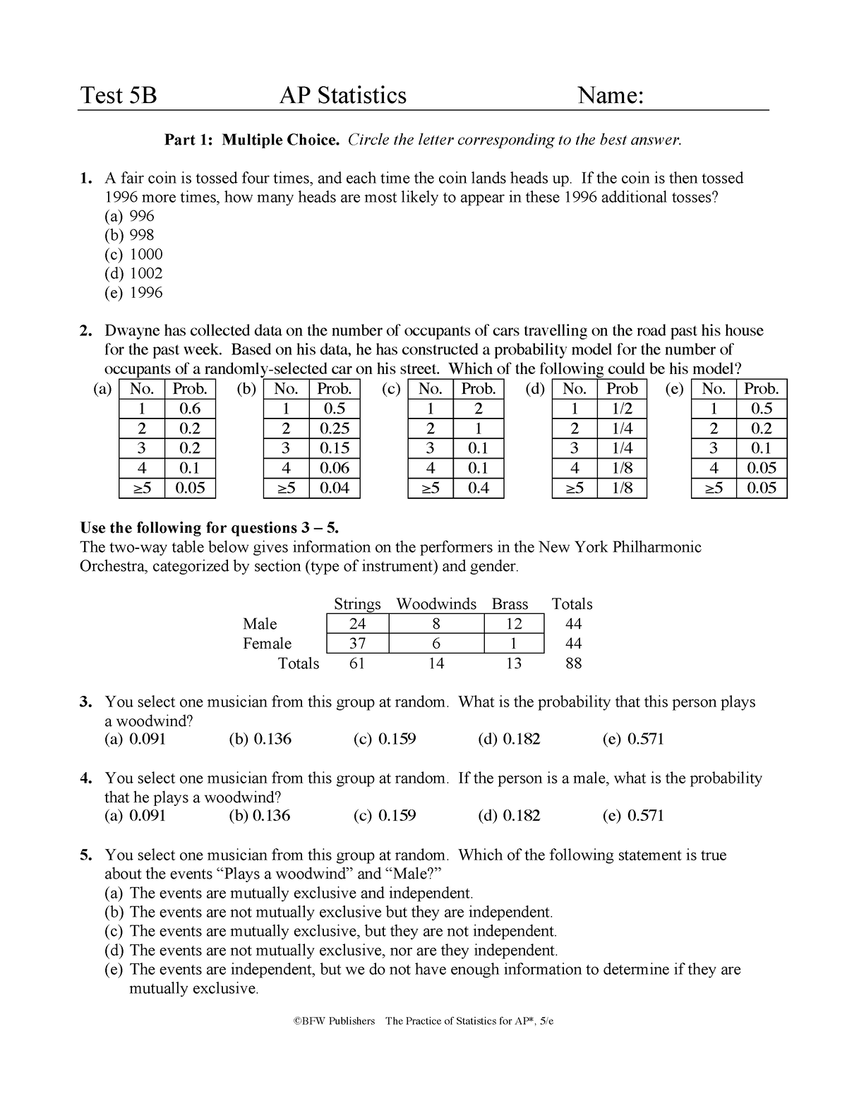 AP Stats Ch 5 Practice Test - Test 5B AP Statistics Name: Part 1 ...