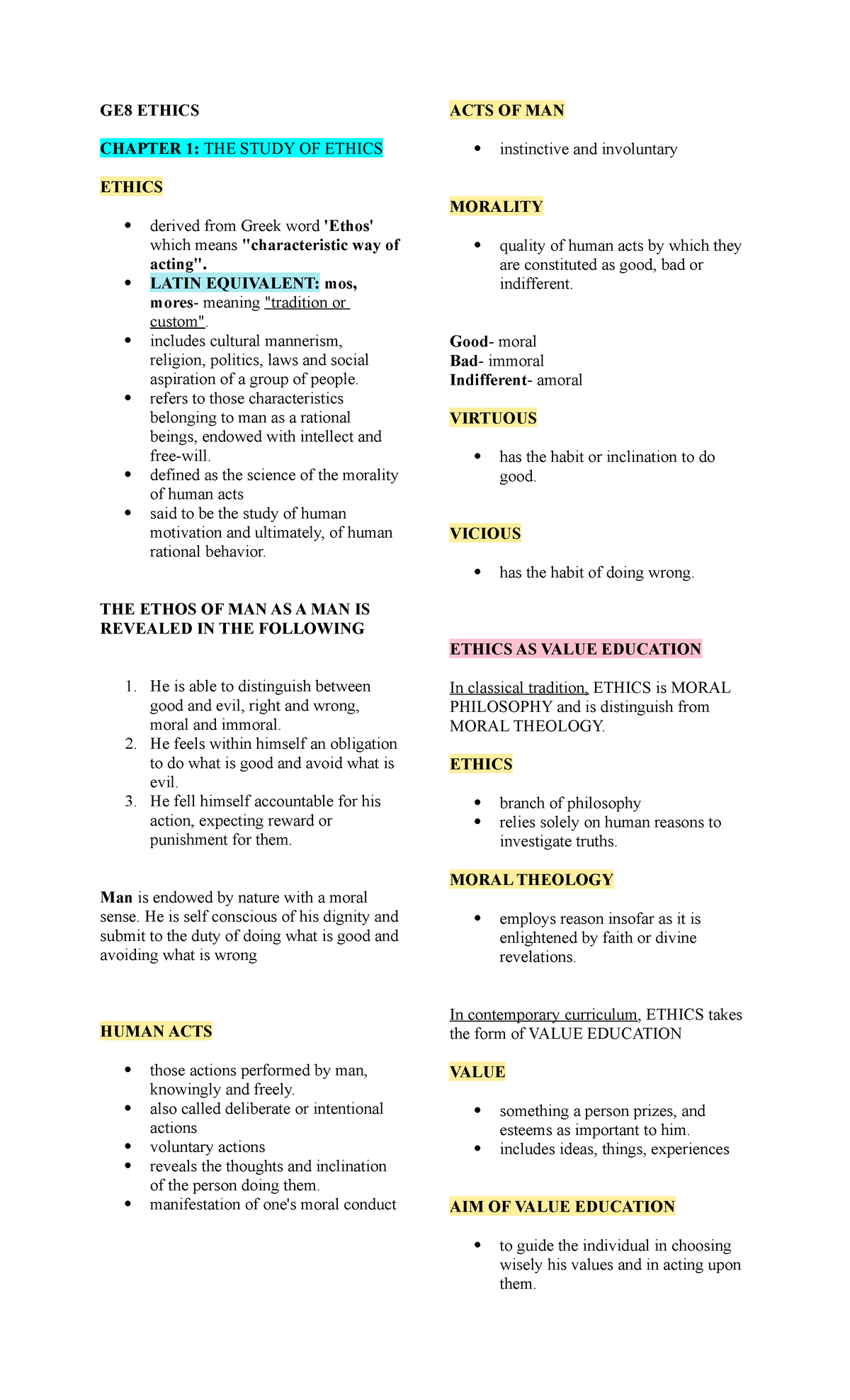 GE8 Ethics Reviewer CH1-5 ONLY - GE8 ETHICS CHAPTER 1: THE STUDY OF ...