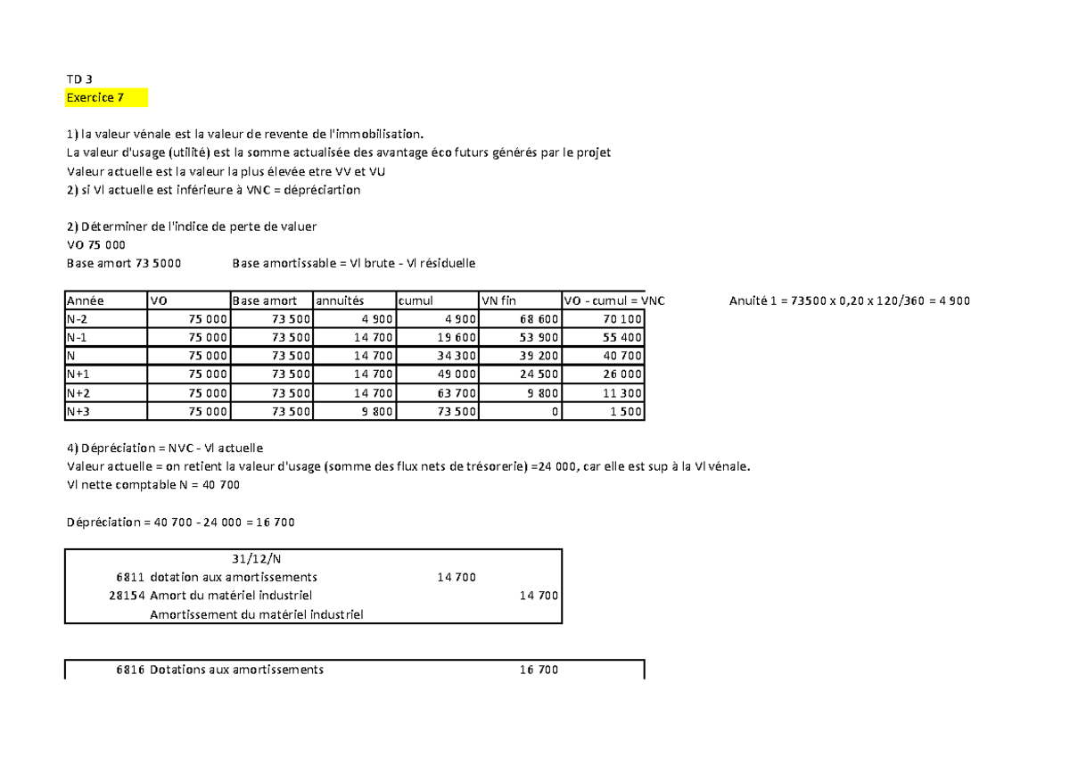 Comptabilité TD3 - Compta TD3 - TD 3 Exercice 7 la valeur vénale est la