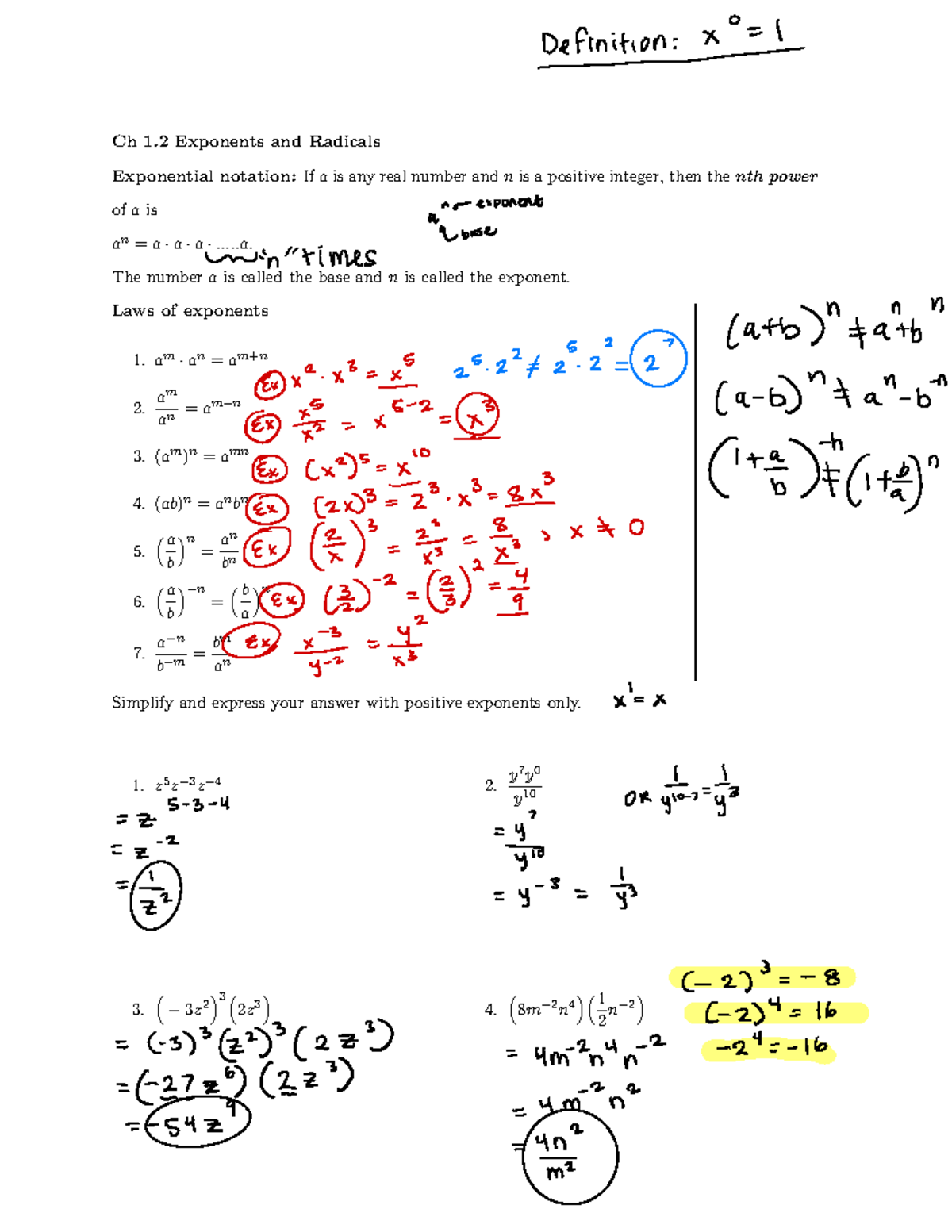 Ch+1 - lecture notes - Ch 1 Exponents and Radicals Exponential notation ...