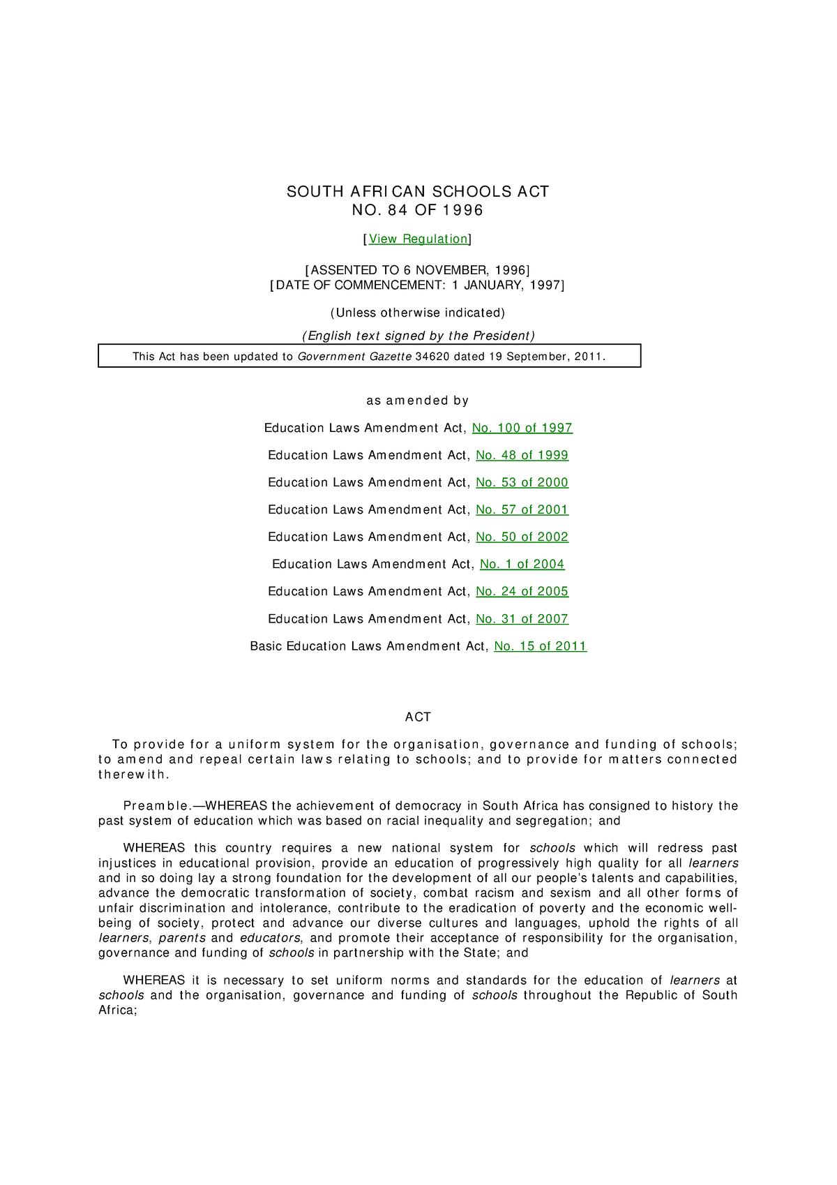 South African Schools ACT, NO 84 OF 1996 (as Amended by Act 15 of 2011