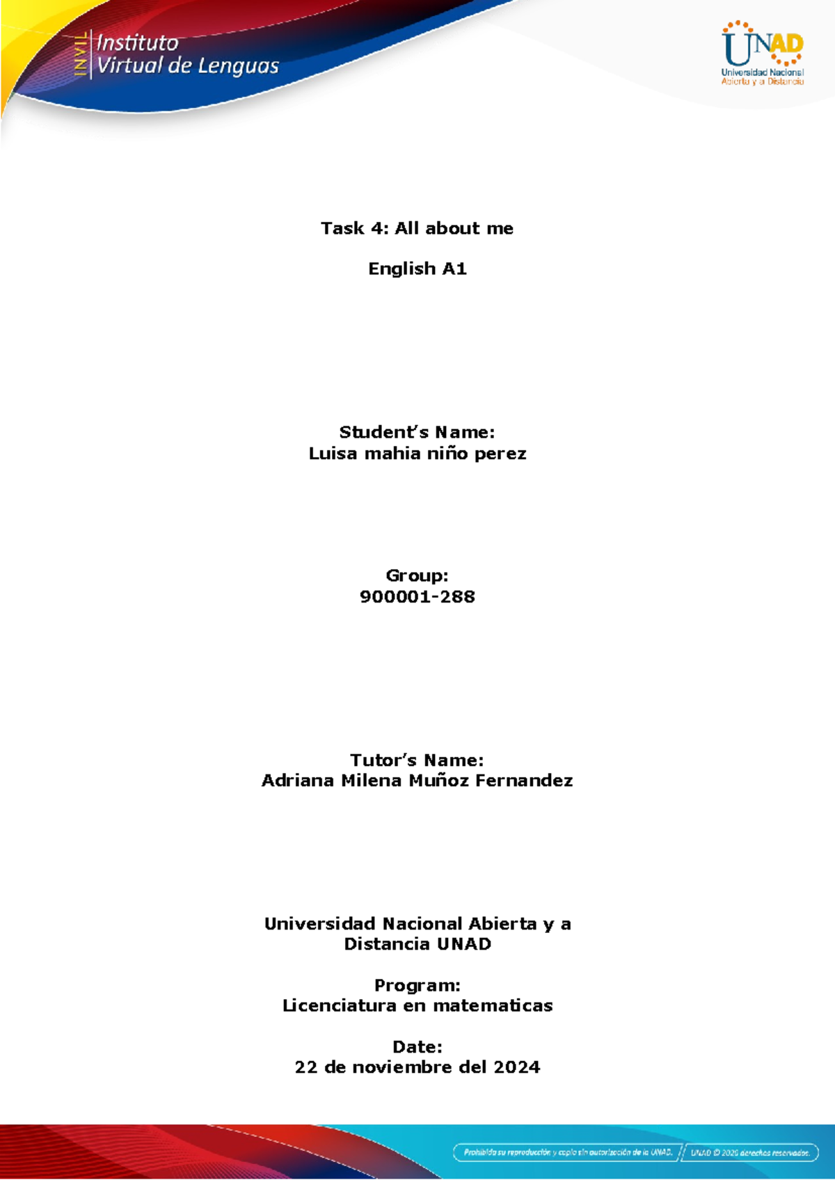Tarea de inglesa Task 4 - Ninguna - Task 4: All about me English A ...