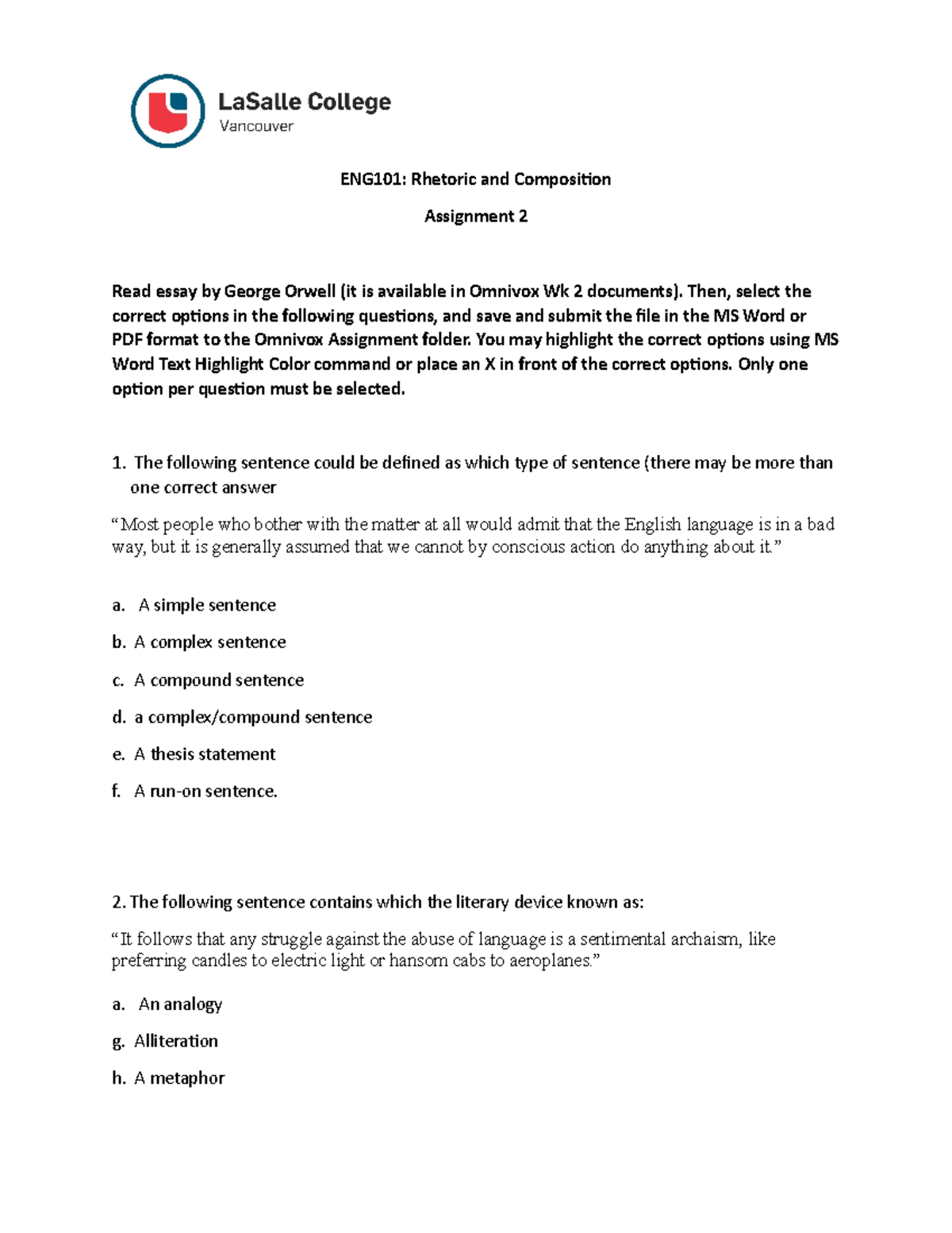 Eng101 Week 2 Homework 2 Eng101 Rhetoric And Composition Assignment 2 Read Essay By George Eng101 Week 2 Homework 2 Eng101 Rhetoric And Composition Assignment 2 Read Essay By George