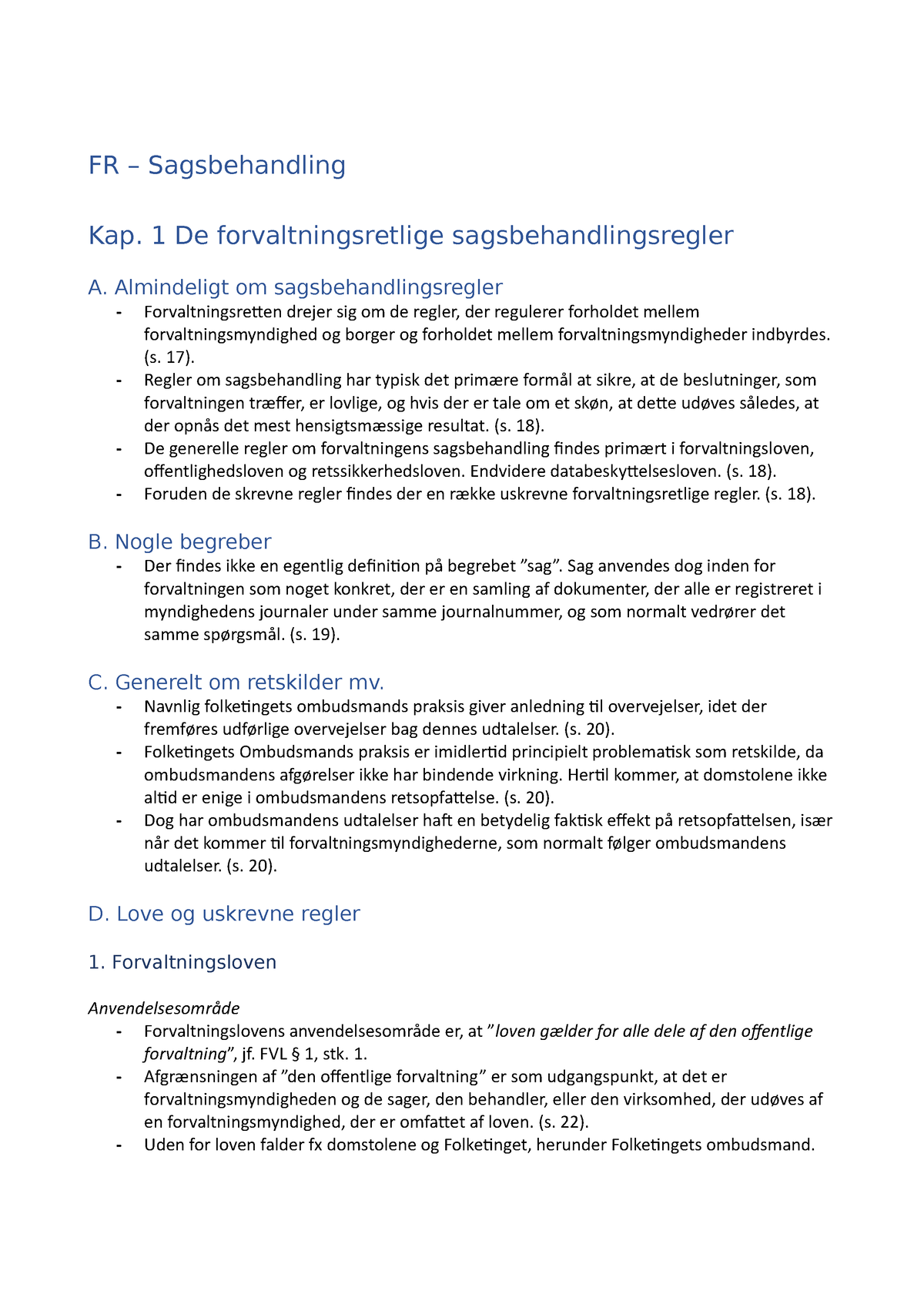 FR - Sagsbehandling - FR – Sagsbehandling Kap. 1 De Forvaltningsretlige ...